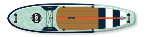 Backcountry Sportsman 11'0 Yacht Hopper paddleboard in mint, teak, and blue with textured deck and streamlined shape.