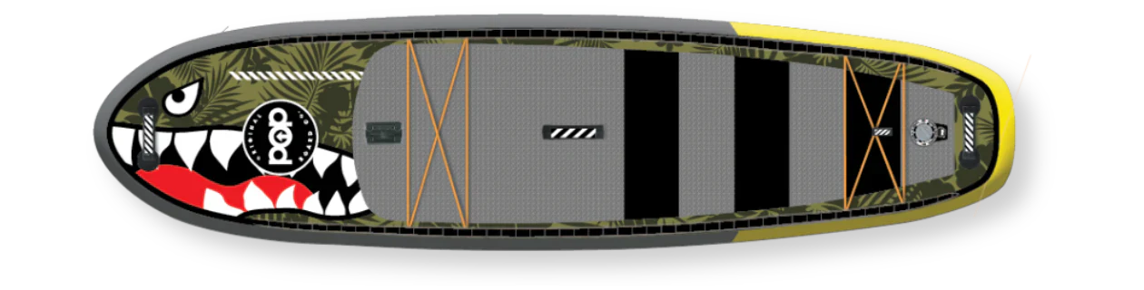 Backcountry Sportsman 11'6 El Capitan Bomber inflatable kayak on water with paddles and clear sky in the background.