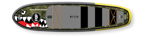 Backcountry Sportsman 11'6 El Capitan Bomber inflatable kayak on water with paddles and clear sky in the background.