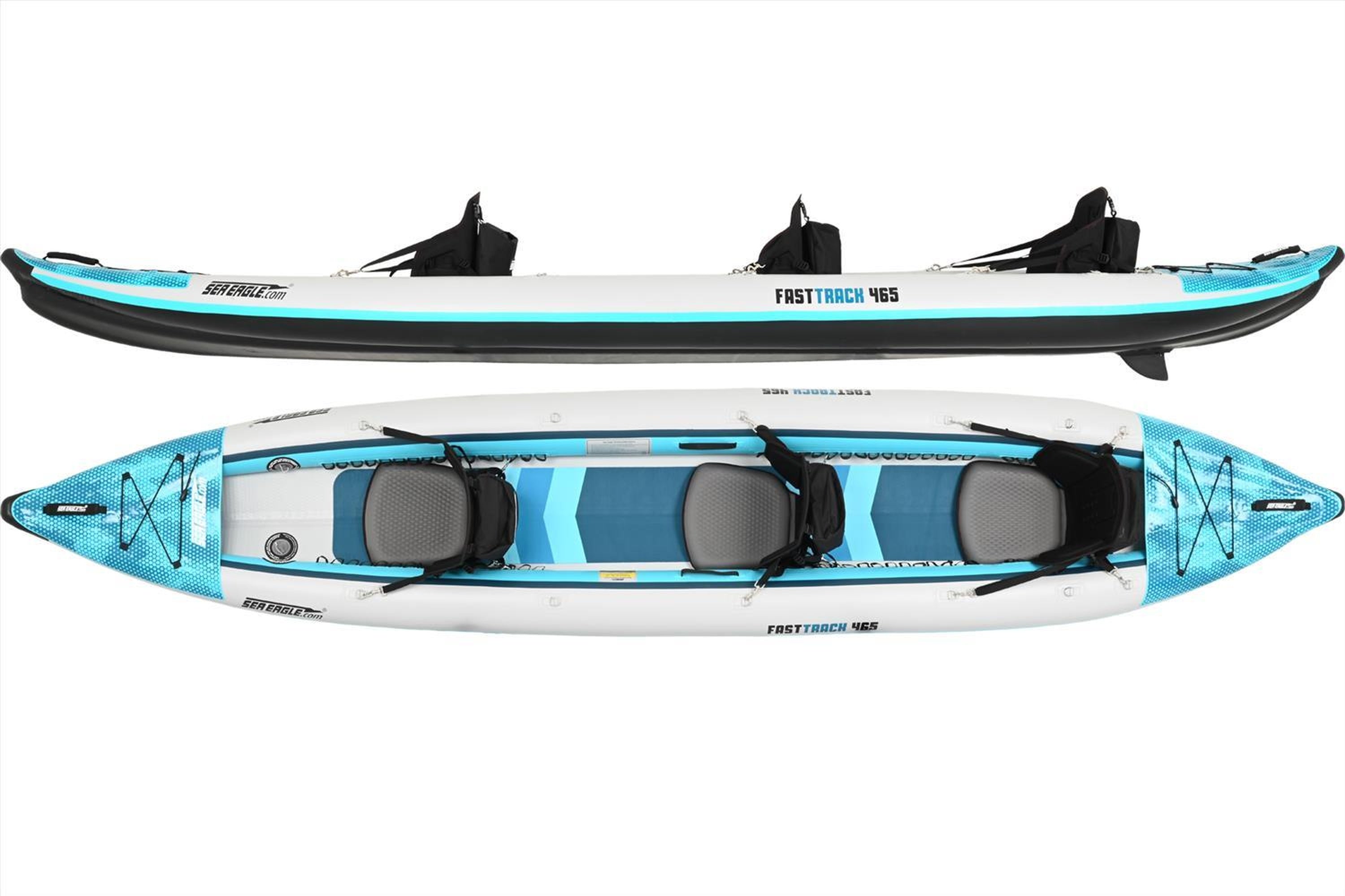 Backcountry Sportsman 465ft FastTrack V-bottom 3 person package with inflatable boat and paddles on water