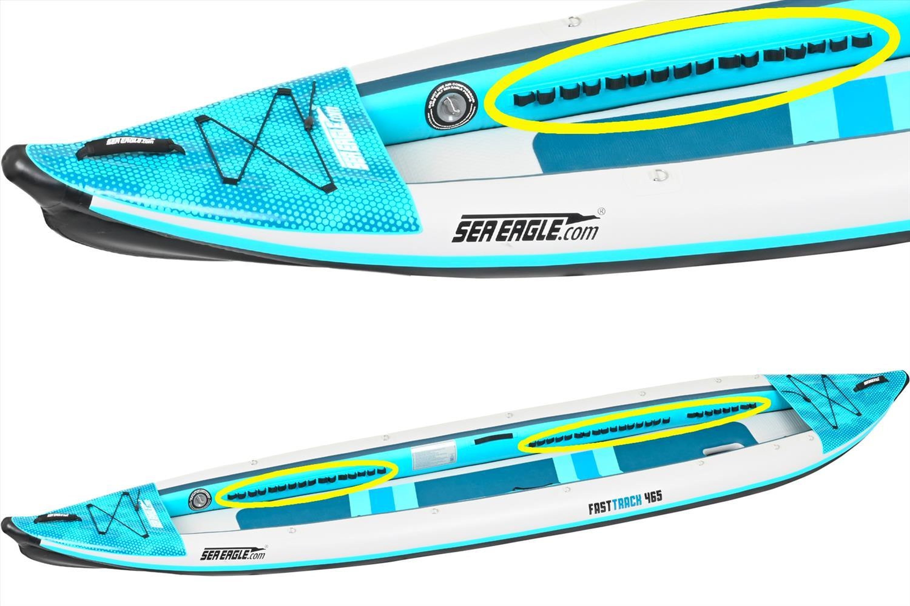 SeaEagle 465ft FastTrack V-bottom 3-person package featuring durable inflatable boat with paddles and safety gear from Backcountry Sportsman.
