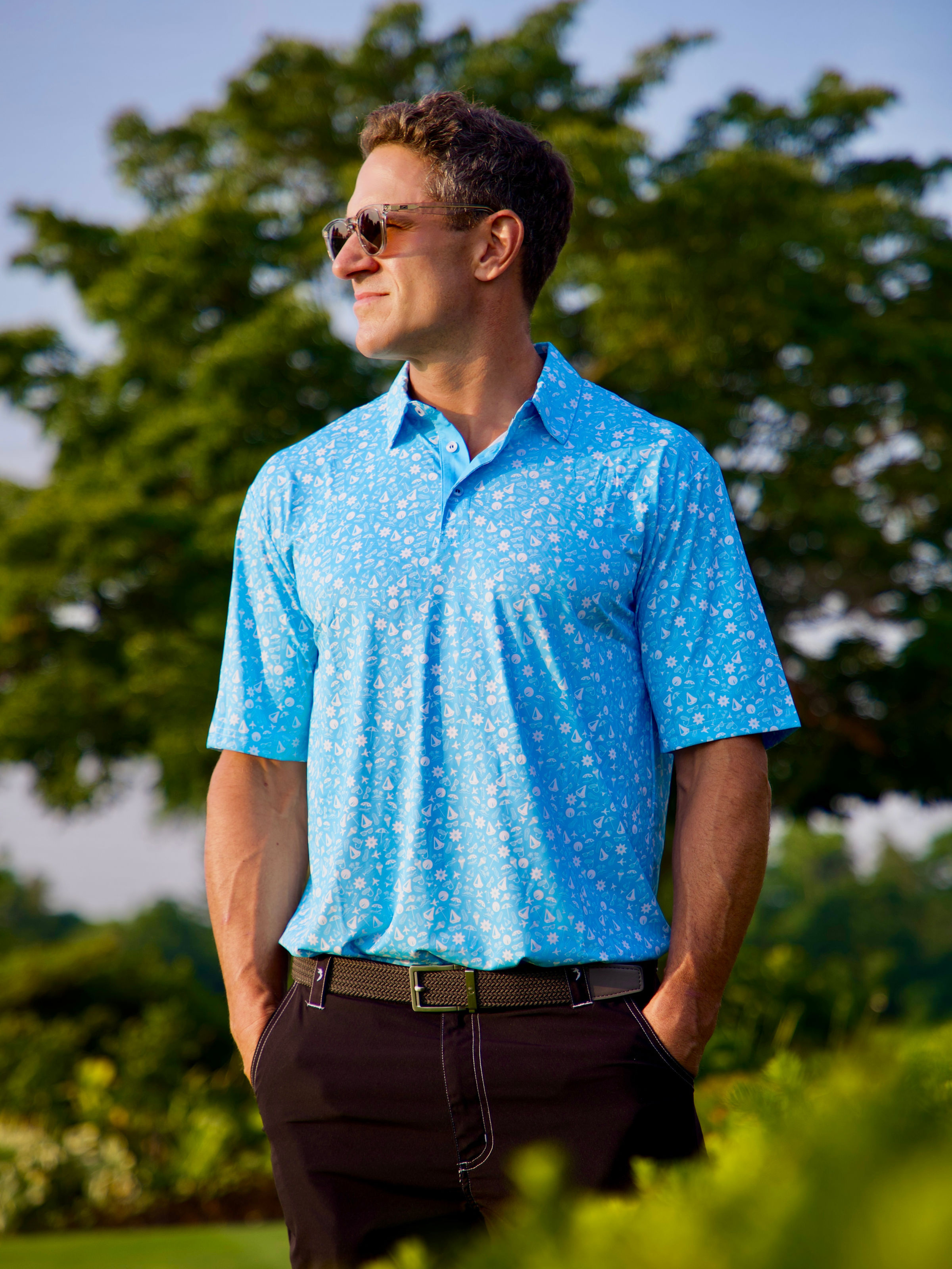 White Water Life Vacation Polo, a stylish men's polo shirt with a relaxed fit and vacation-inspired design, shown in the image.