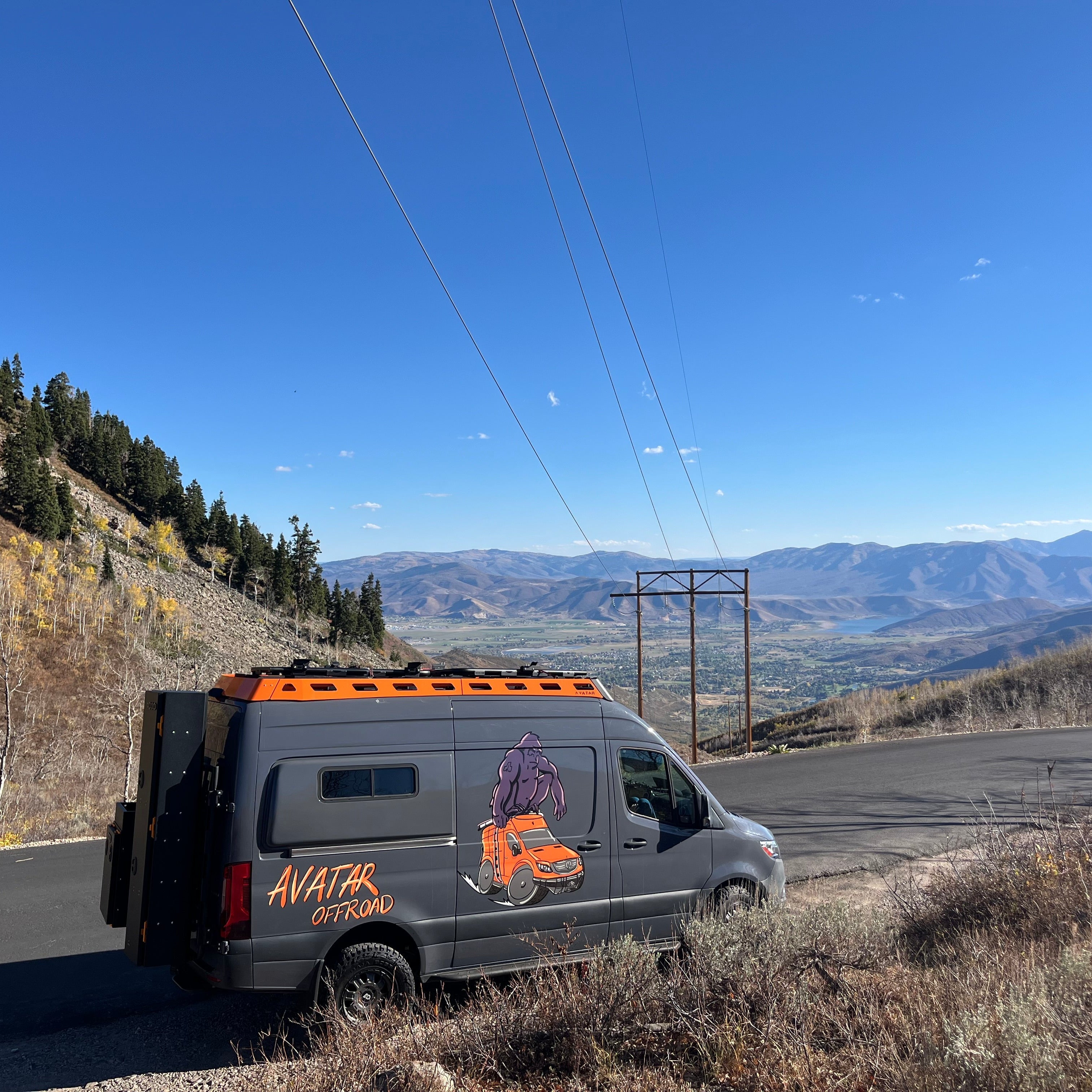 Pioneer Sprinter roof rack by Avatar Offroad installed on a van, ideal for carrying additional gear and accessories.