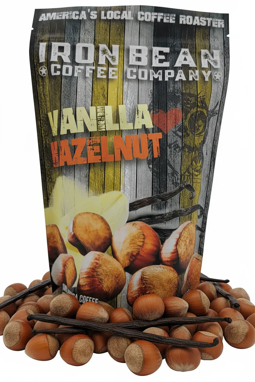12oz bag of Iron Bean Coffee Company's Vanilla Hazelnut coffee with a rich, aromatic blend of vanilla and hazelnut flavors.