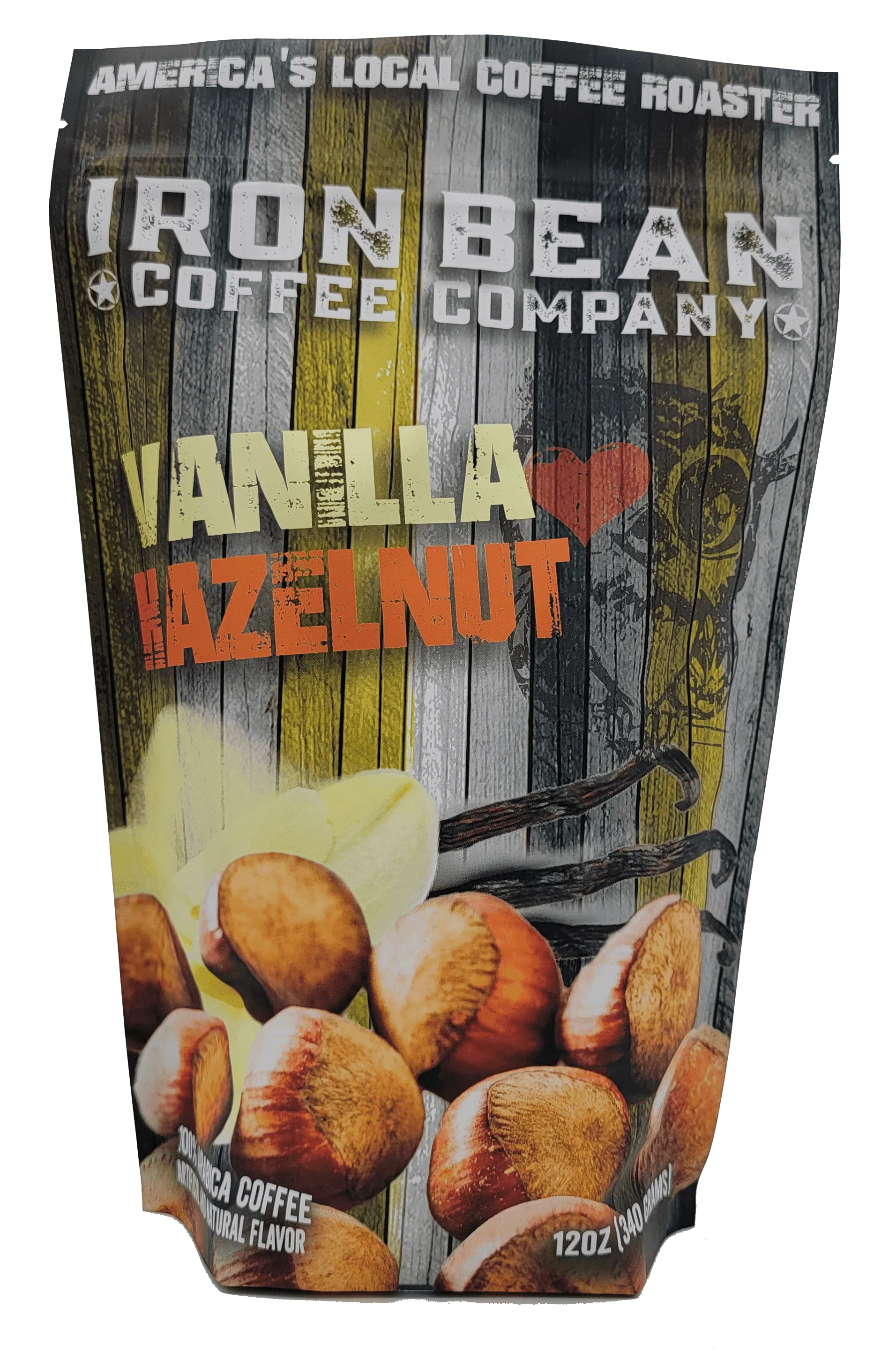 12oz bag of Iron Bean Coffee Company's Vanilla Hazelnut coffee with a rich, aromatic blend and nutty flavor.
