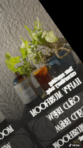 Video of Rising For People Coffee Co.'s Happy Mushroom concentrated cold brew coffee with a dark liquid and mushrooms in the background.