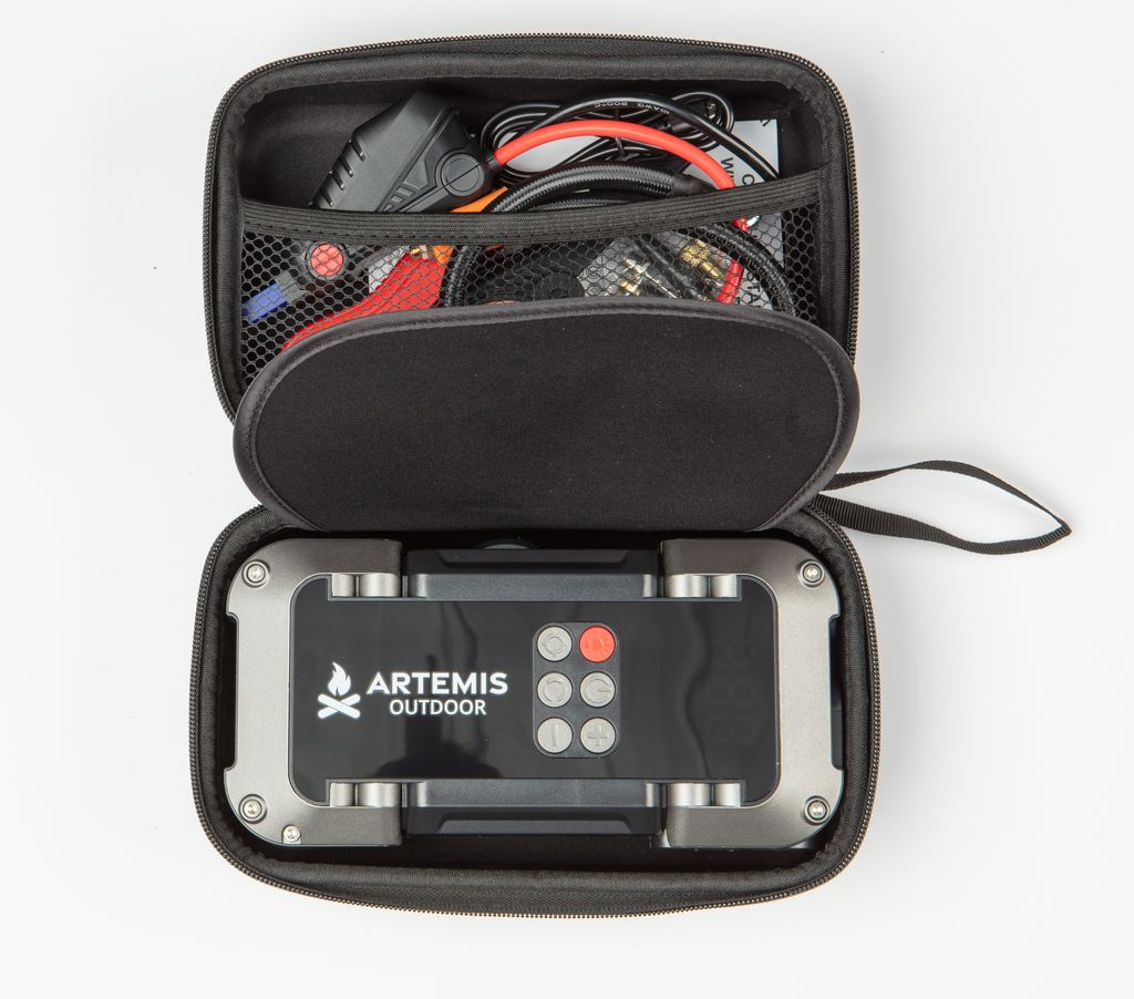 Artemis Outdoor 12V Jump Pack recovery accessory with cables, compact design, suitable for vehicle battery jump-starting.