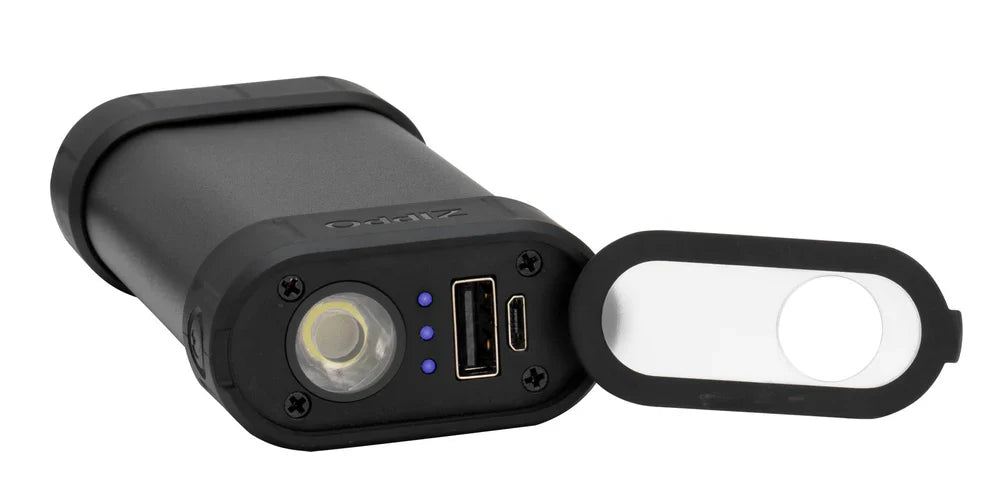 Americana Pipedream Apparel Zippo HeatBank 6 Pro rechargeable hand warmer and power bank, shown with sleek black design and built-in USB port.