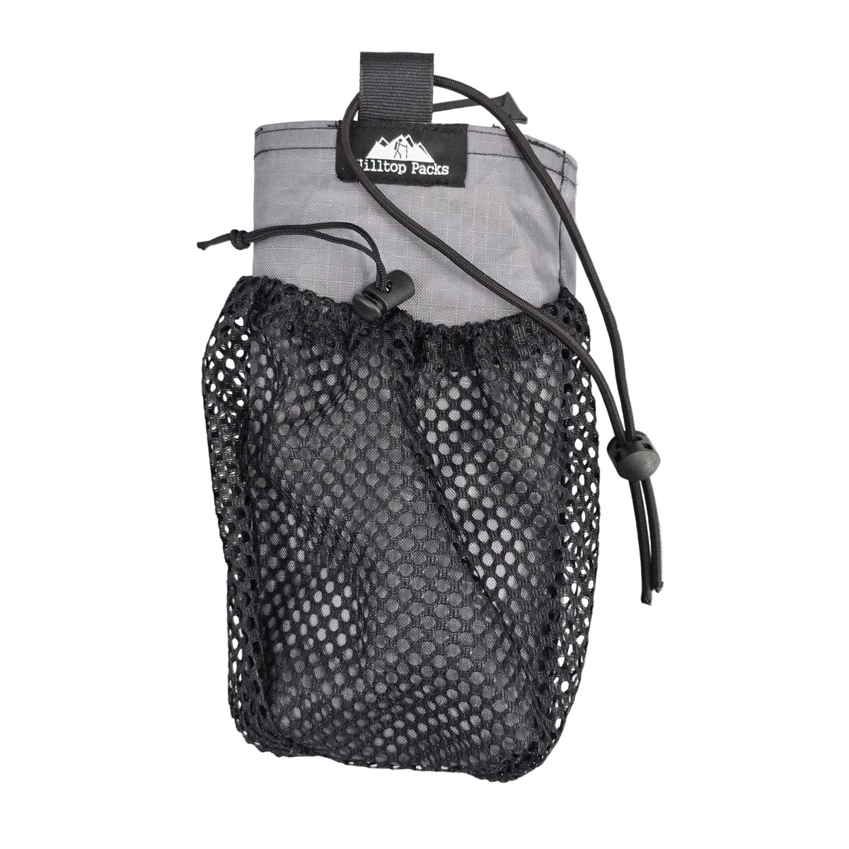 Hilltop Packs water bottle pouch with shoulder strap mount, featuring durable fabric and adjustable strap for easy carrying.