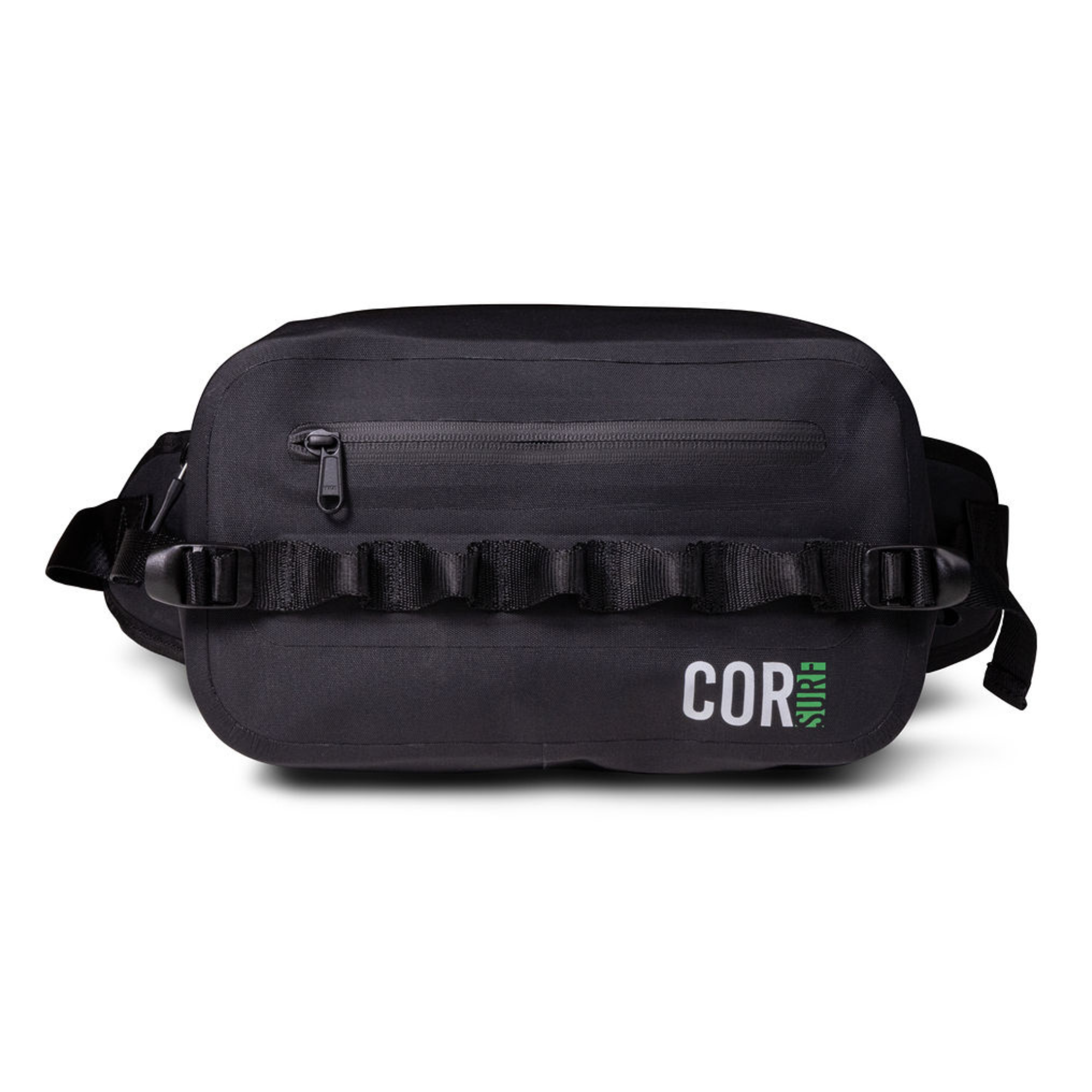 Black COR Surf waterproof waist pack with 2.5L capacity, designed as a secure, stylish fanny pack for outdoor activities.