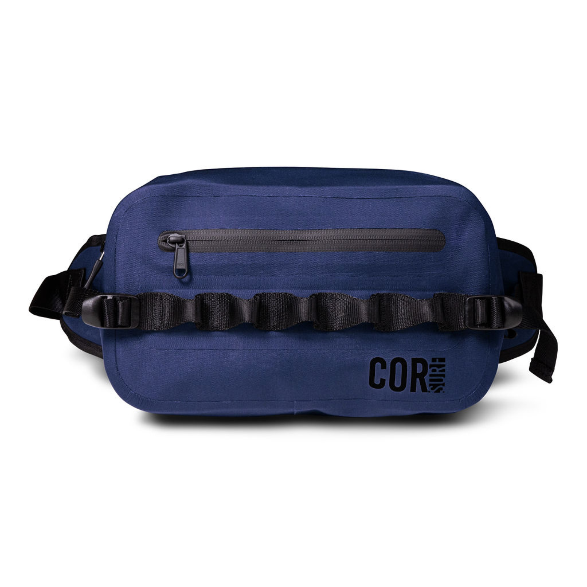 Blue waterproof waist pack by COR Surf, 2.5L fanny pack with front zipper pocket and adjustable strap for outdoor activities.