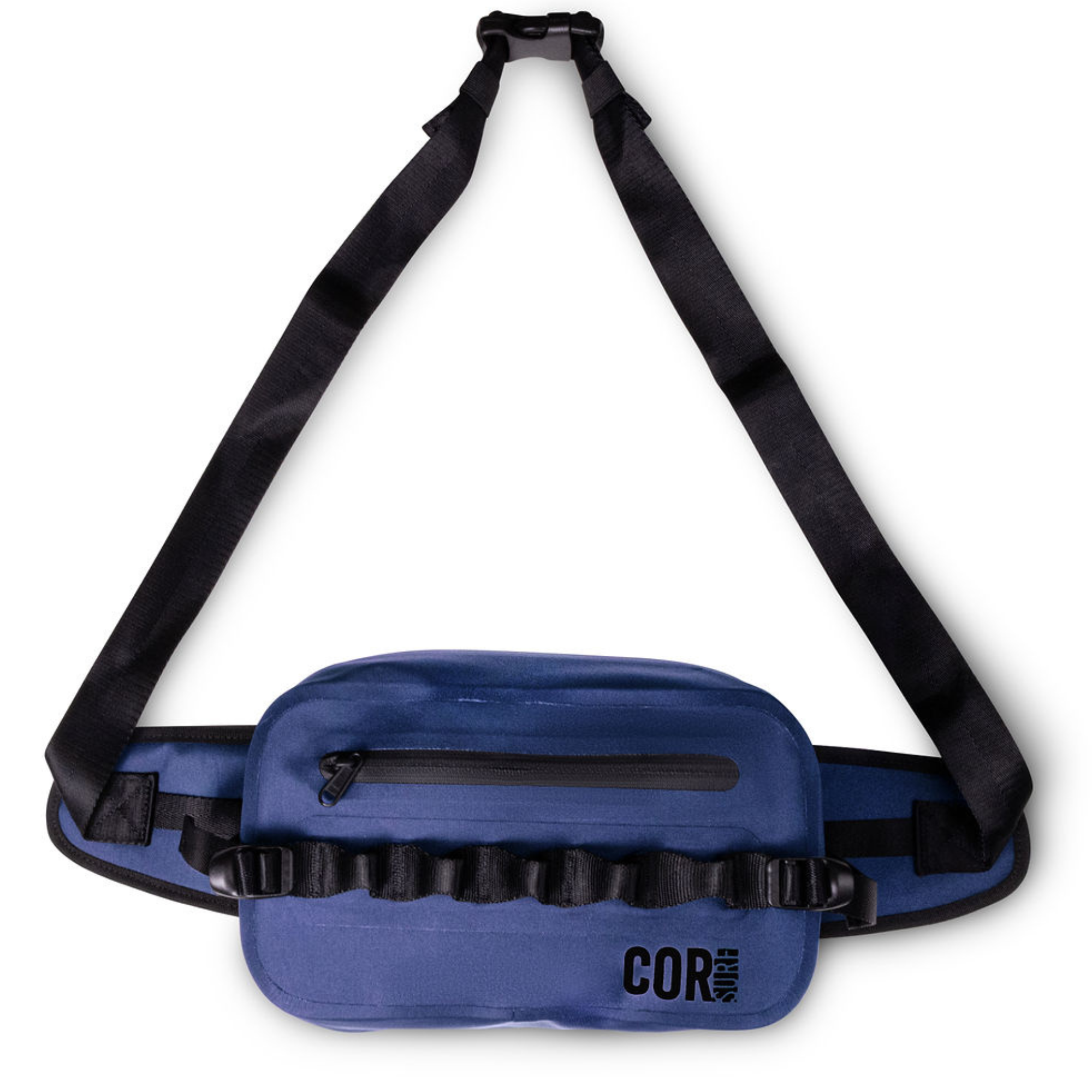 Blue waterproof waist pack by COR Surf, 2.5L fanny pack designed for secure storage during outdoor activities.