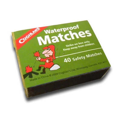 Waterproof matches in a box of 40, suitable for light and communication, shown in a durable waterproof container.