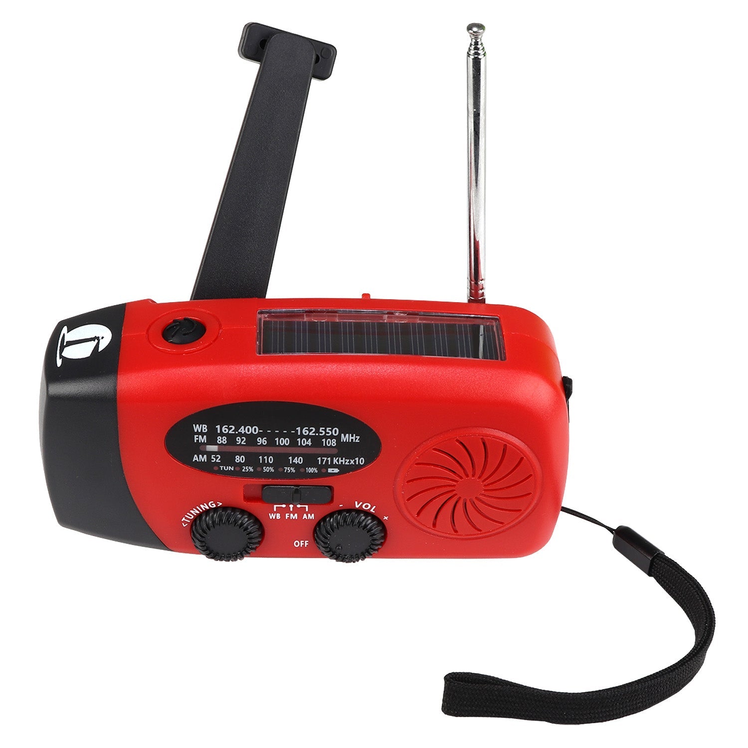 4-in-1 NOAA radio and flashlight by QuakeKits, featuring solar charging and emergency communication capabilities.
