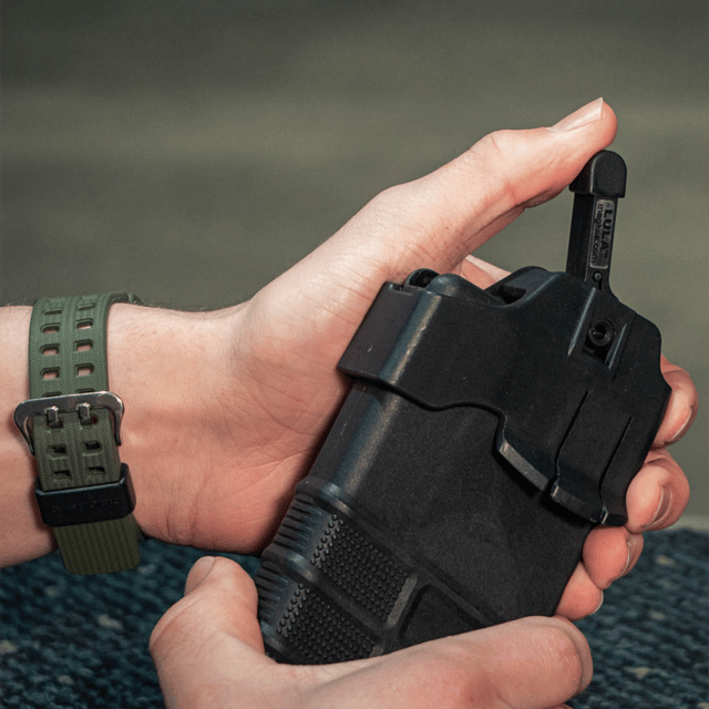 HCC Tactical LULA Loader/Unloader for SCAR 17 rifle, tactical gear accessory with black plastic construction and ergonomic design