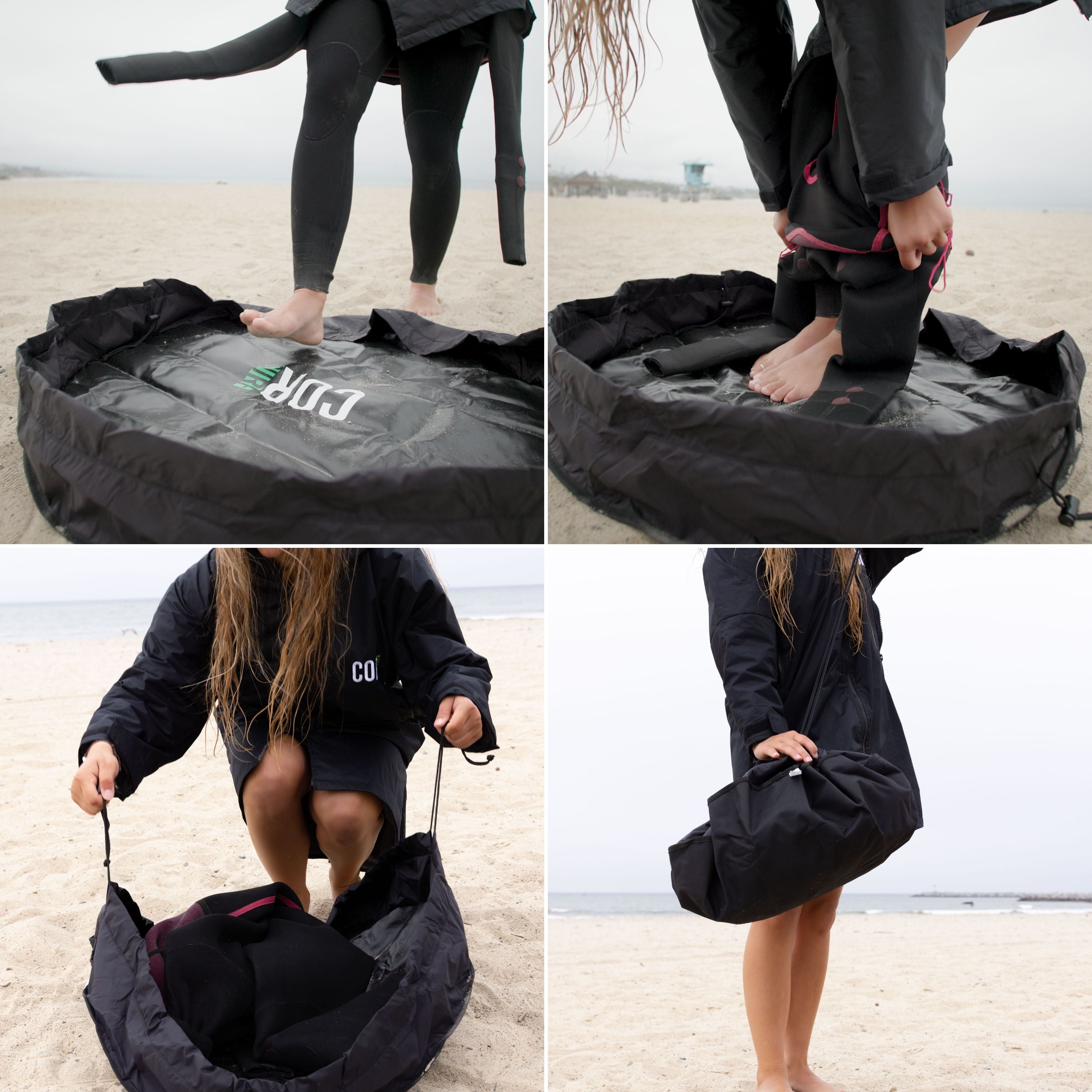 Waterproof COR Surf wetsuit changing mat with water-resistant fabric, designed for comfortable wetsuit changes and outdoor use.