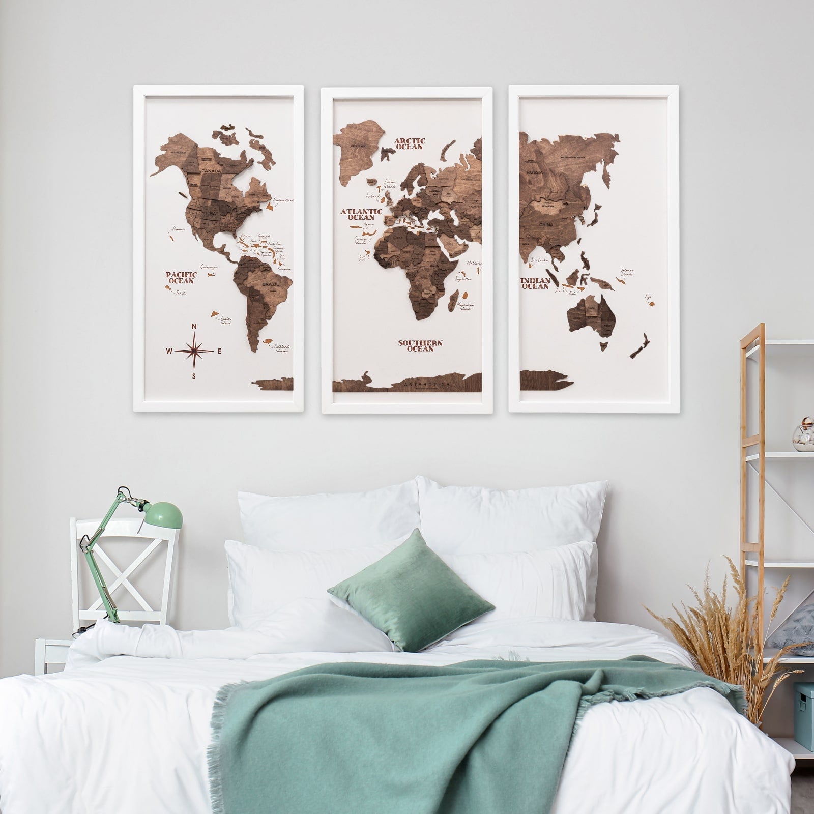 Dark walnut wooden triptych world map by Enjoy The Wood, featuring three panels with detailed world geography on white backgrounds.