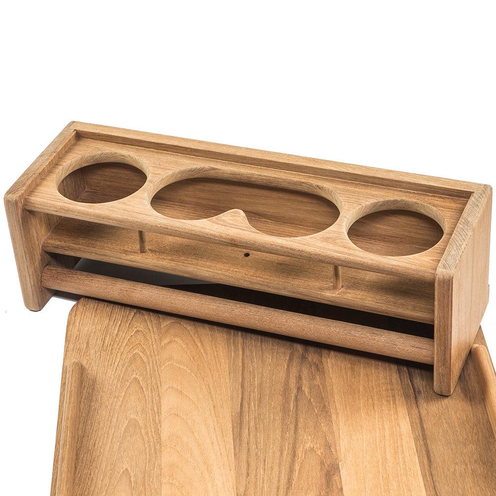Whitecap teak drinkholder with removable cockpit table top from TRAPSKI, holds four glasses, designed for boat cockpit use.