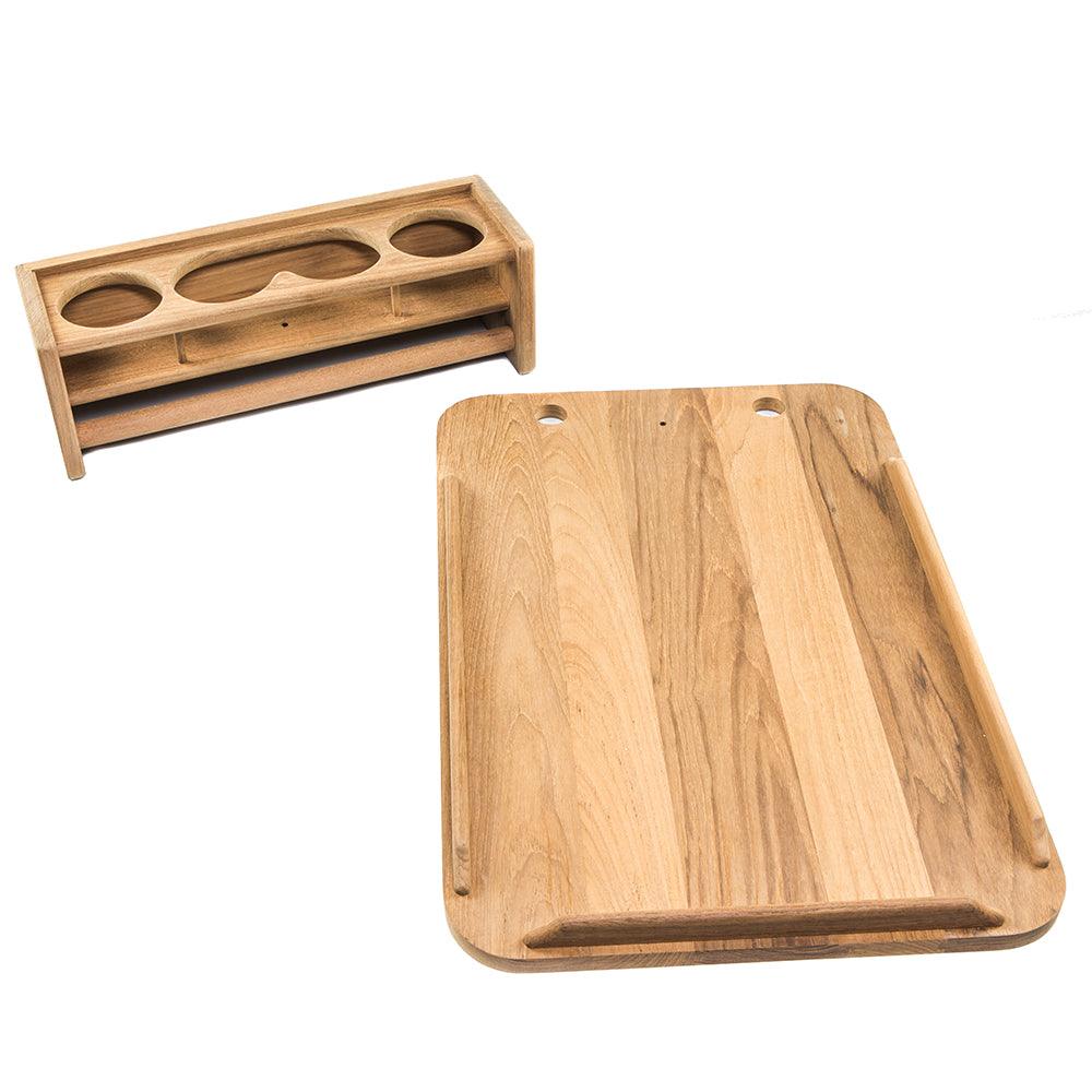 Whitecap teak drinkholder with removable cockpit table top from TRAPSKI, holding four glasses, ideal for boating or outdoor use.