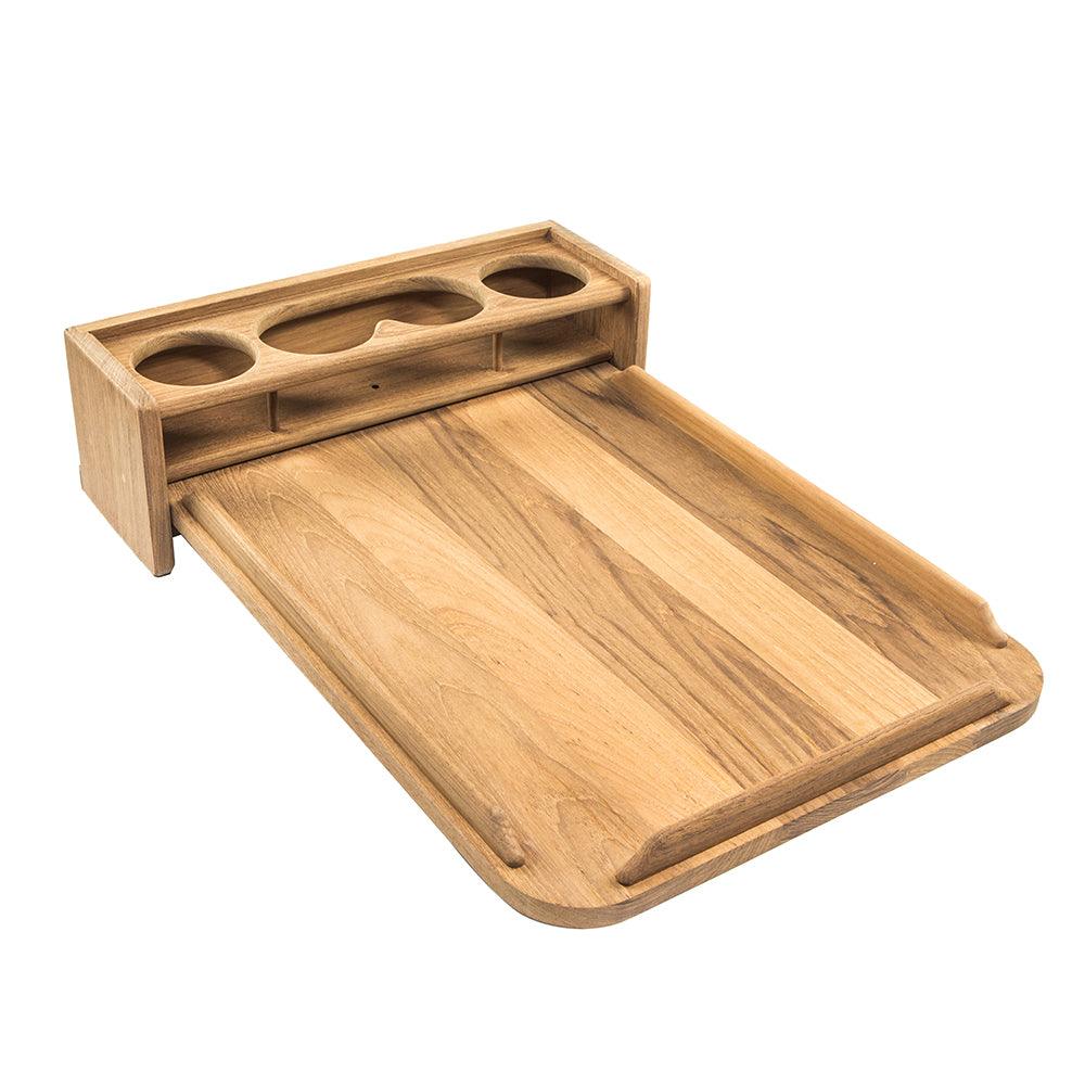 TRAPSKI Whitecap teak drinkholder with removable cockpit tabletop, holds four glasses, ideal for boating or outdoor use.