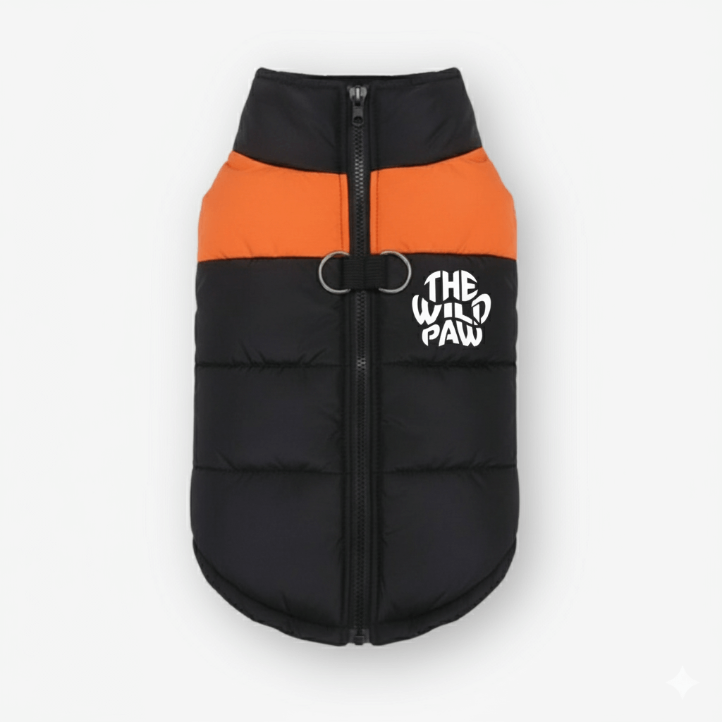 Orange Wilderness Shield vest coat by The Wild Paw, featuring durable fabric and adjustable straps for outdoor protection.