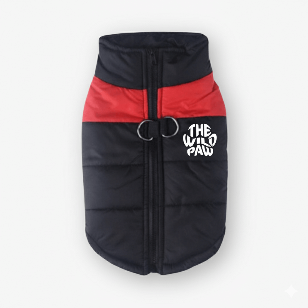 Red Wilderness Shield vest coat by The Wild Paw, featuring durable outdoor gear with adjustable straps and rugged design.