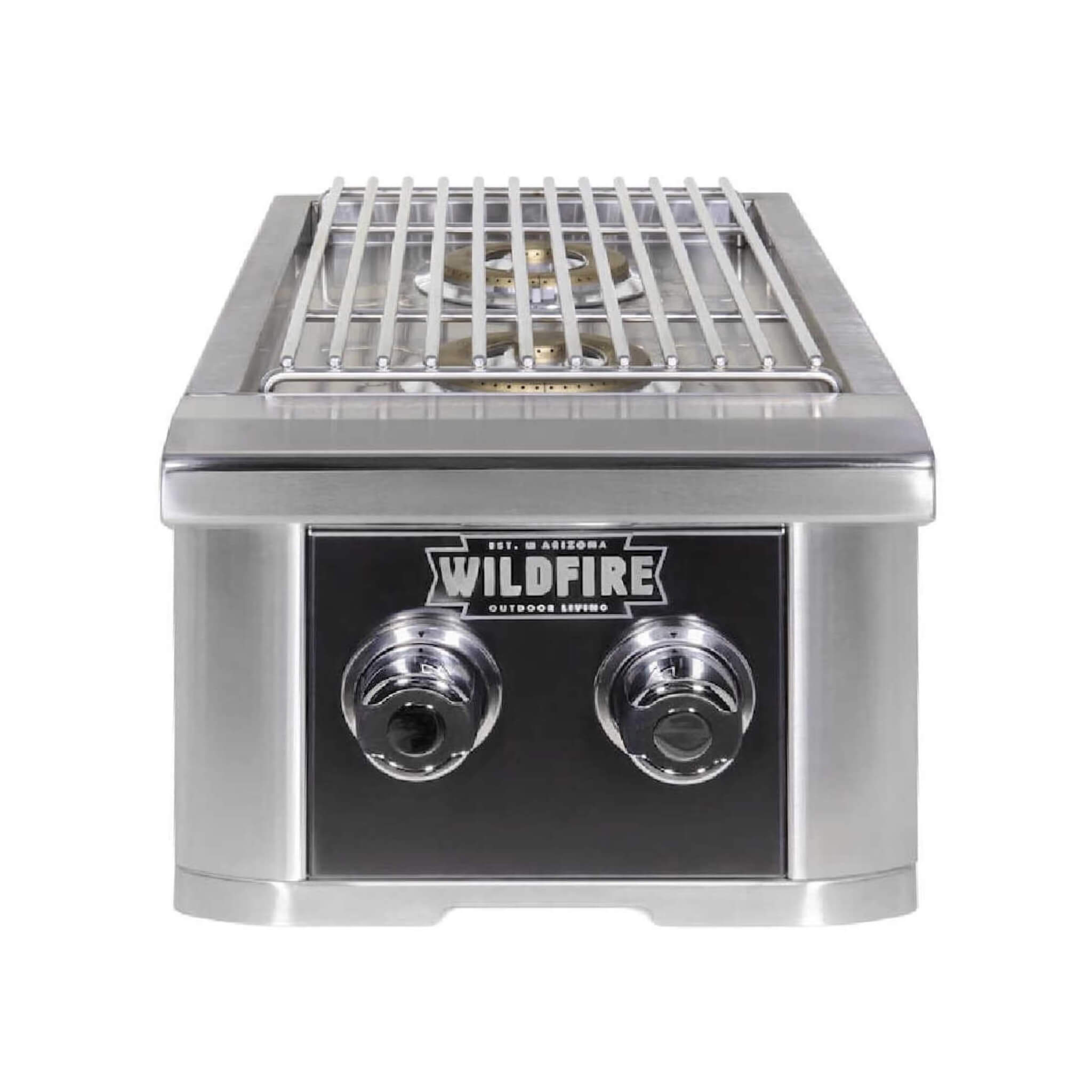 Wildfire Ranch Pro 14-Inch Stainless Steel Double Side Burner with two burners and sleek stainless steel design.