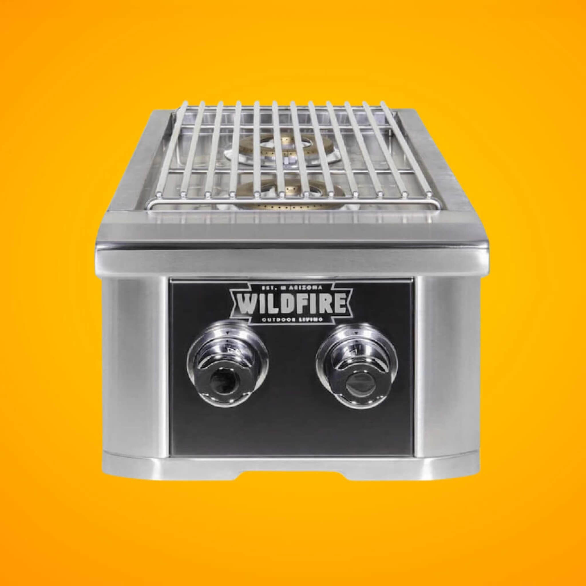 Front view of Wildfire Ranch Pro 14-Inch stainless steel double side burner for outdoor grills by SAKSBY WHOLESALE.
