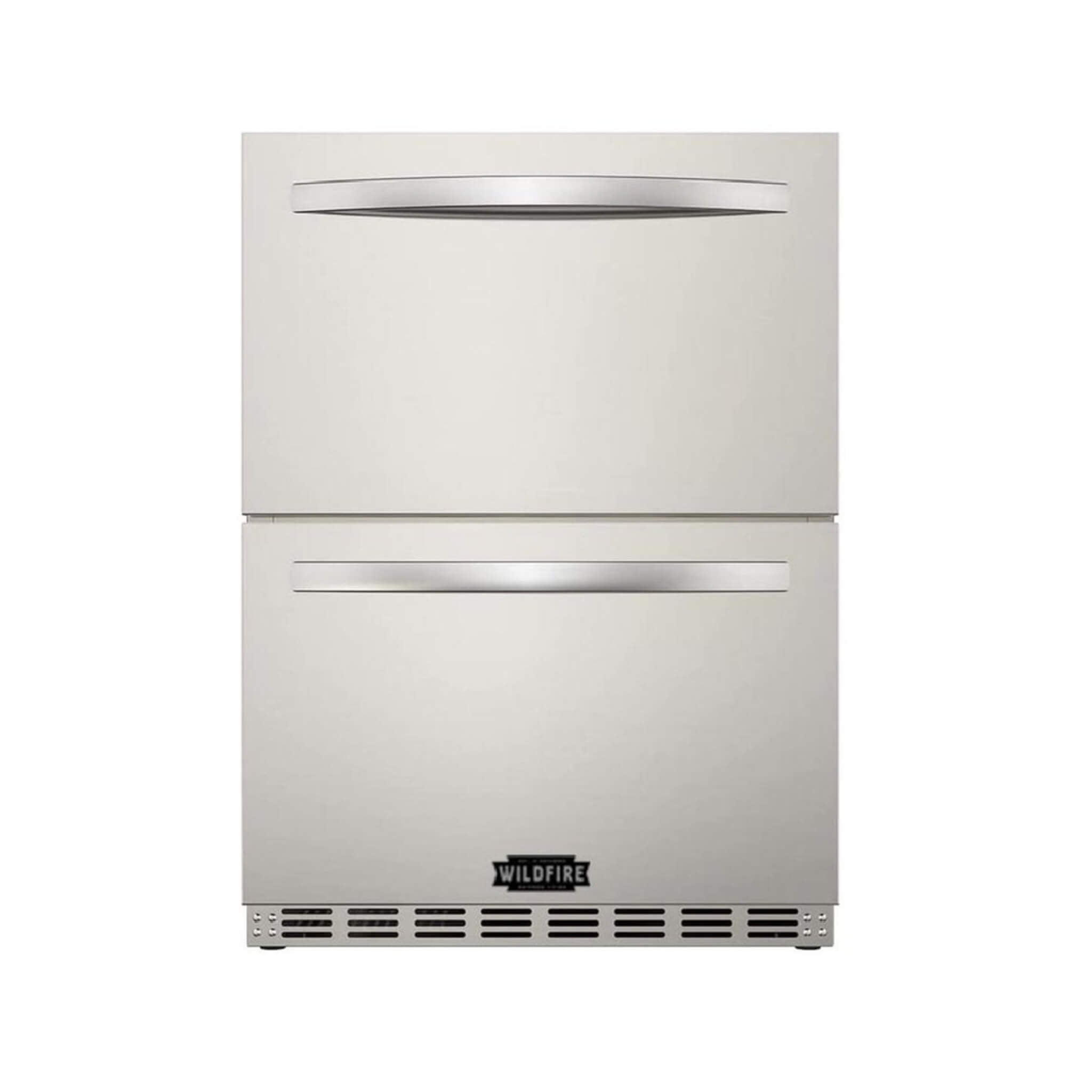 Wildfire 24-Inch Dual Drawer Door Stainless Steel Outdoor Kitchen Fridge with 5.3 cubic feet capacity, front view.