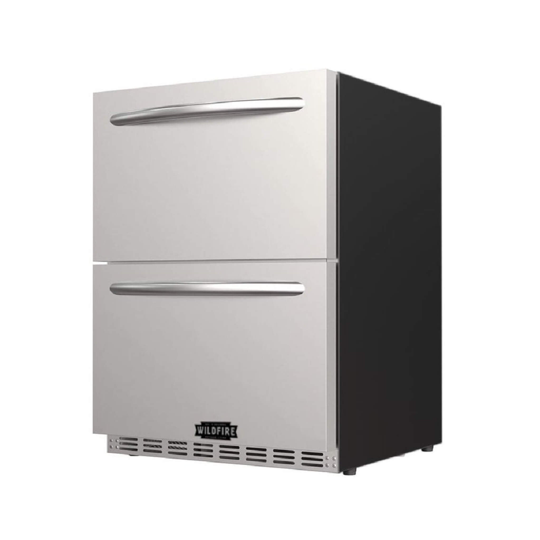 24-inch stainless steel outdoor kitchen fridge with dual drawers and 5.3 cubic feet capacity from Wildfire Outdoor Living.