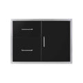Black stainless steel outdoor grill cart door and drawer combo by SAKSBY WHOLESALE, showcasing a sleek front view design.
