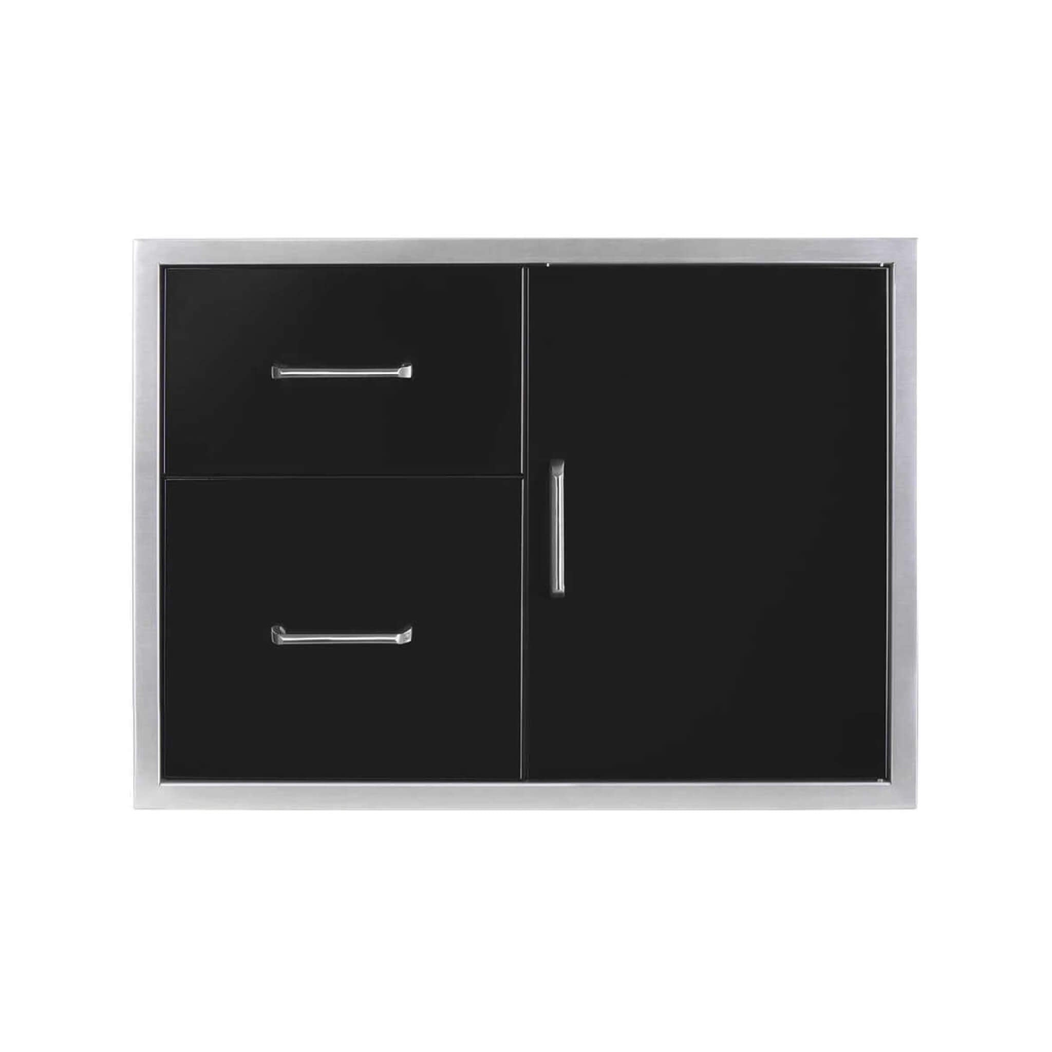 Black stainless steel outdoor grill cart door and drawer combo by SAKSBY WHOLESALE, showcasing a sleek front view design.