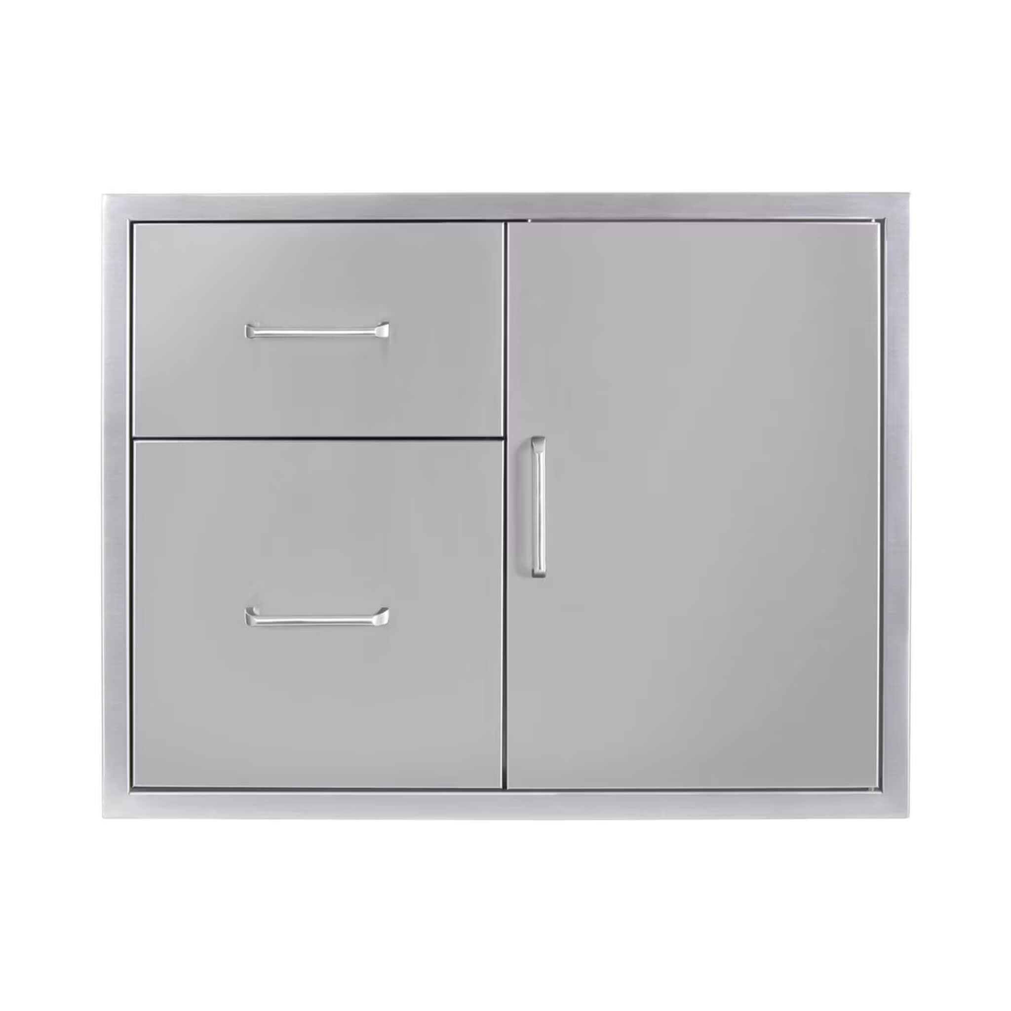 Front view of Wildfire stainless steel door and drawer combo for outdoor grill, featuring sleek black finish and modern design.