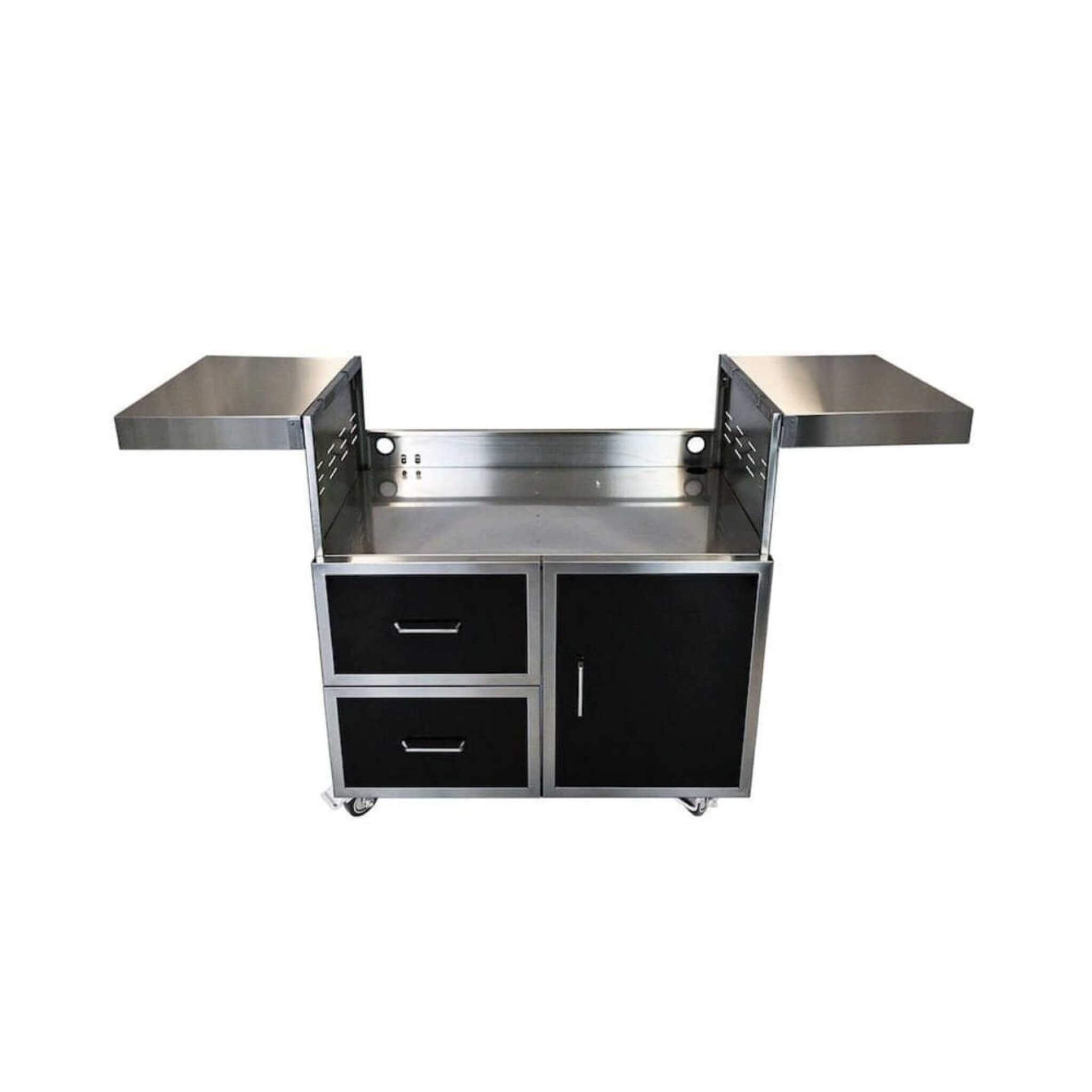 Black stainless steel outdoor grill cart from SAKSBY WHOLESALE, showcasing a sleek front view and spacious design.
