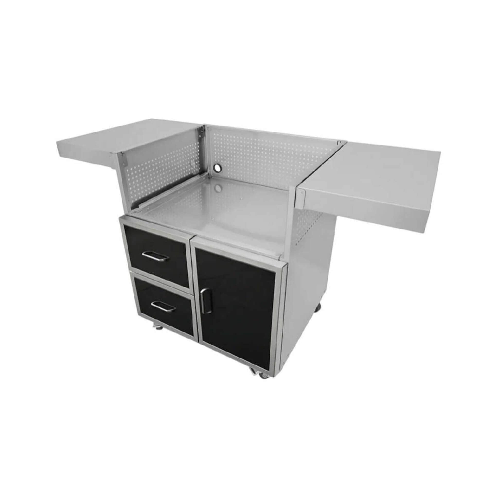 Black stainless steel outdoor grill cart from SAKSBY WHOLESALE, viewed from the left top angle, showcasing its sleek design.