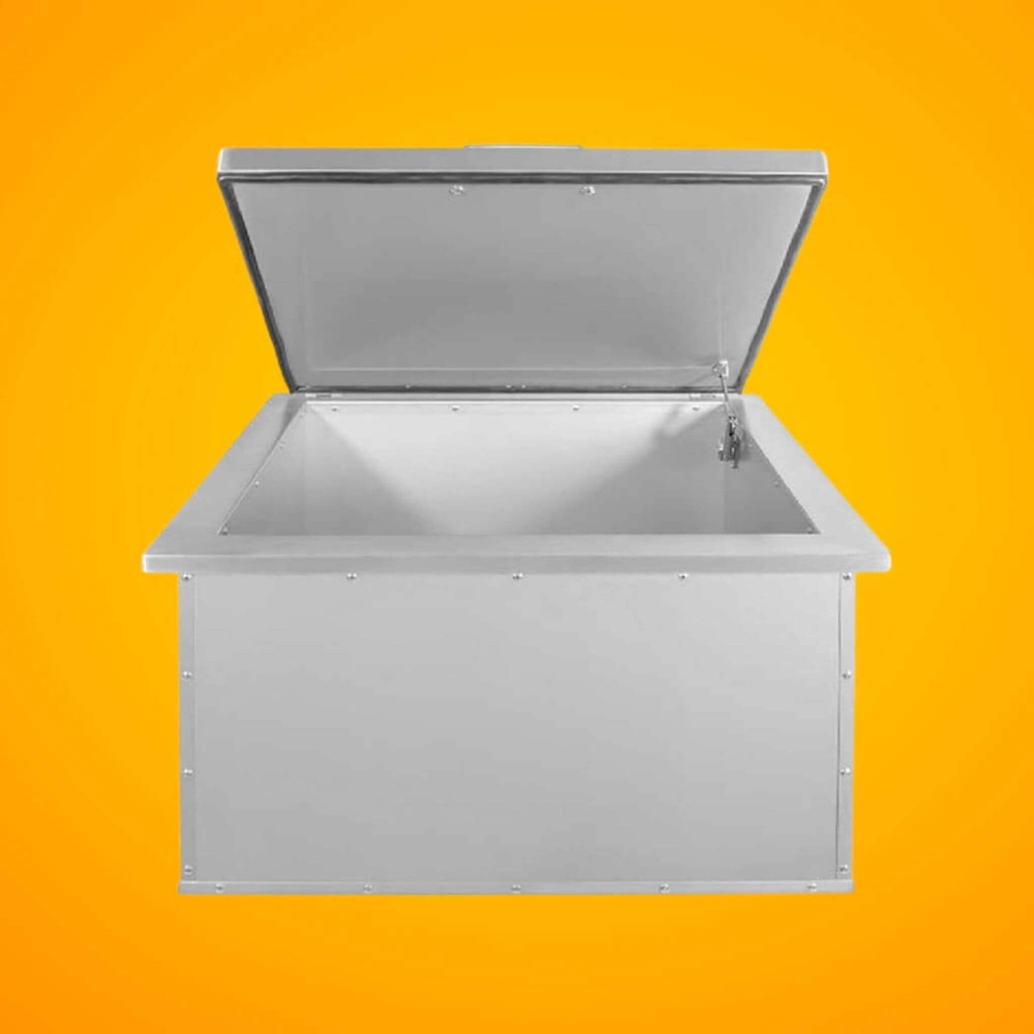 Wildfire Outdoor Living ice chest with open door, showcasing spacious interior on an orange background.