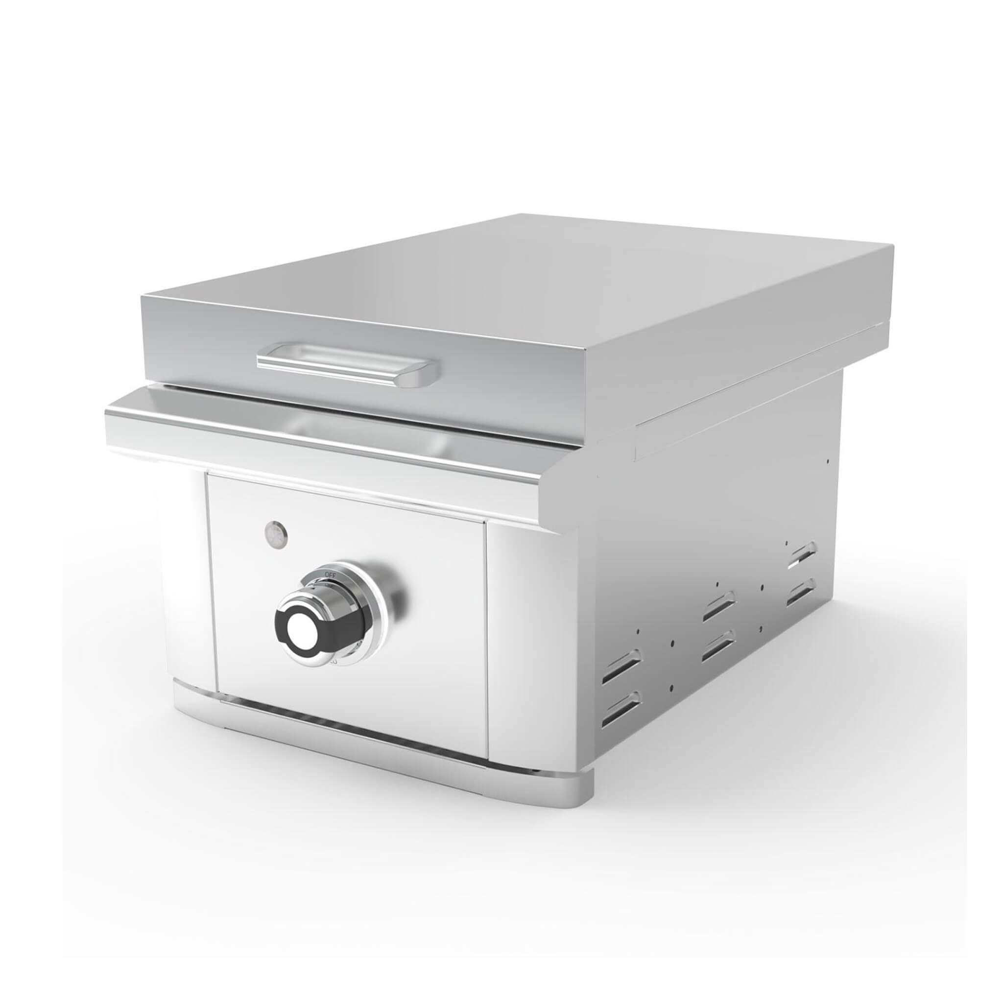 15-inch stainless steel side griddle by Wildfire Outdoor Living, showcasing a sleek design and durable construction.