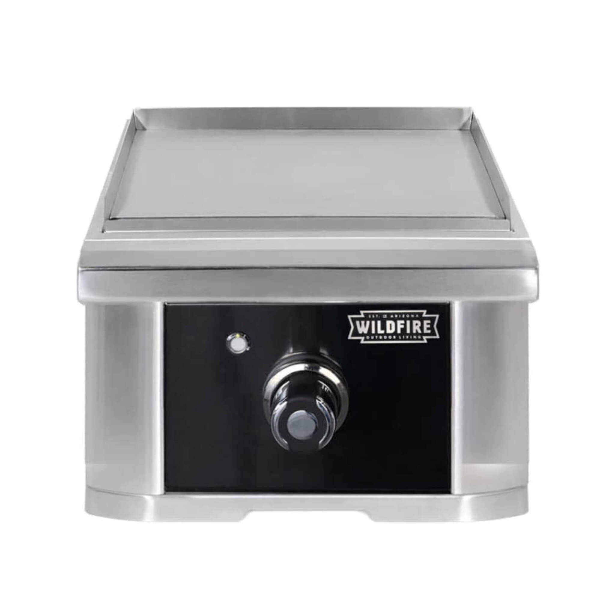 15-inch stainless steel side griddle by Wildfire Outdoor Living, showcasing a sleek design for outdoor cooking.