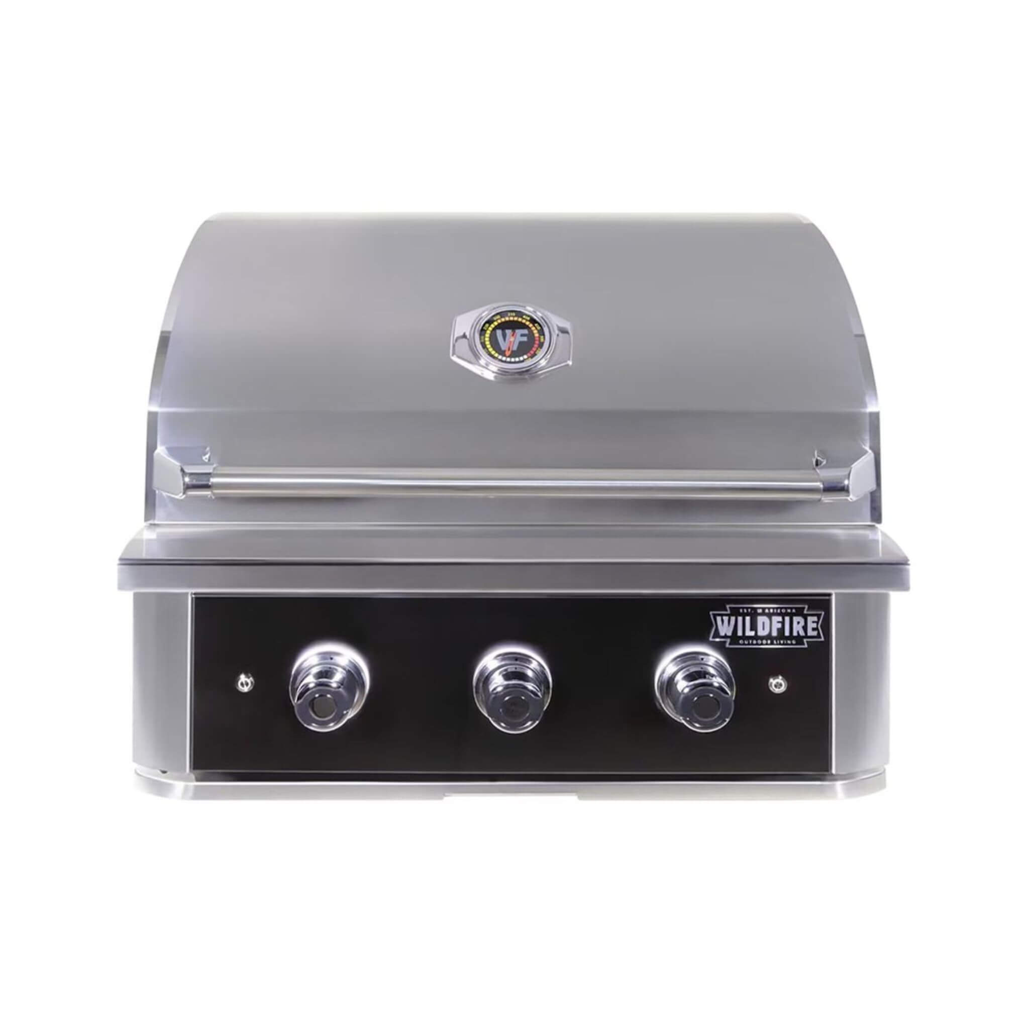 30-inch Wildfire Ranch Pro stainless steel grill showcasing a sleek front view, designed for outdoor cooking.