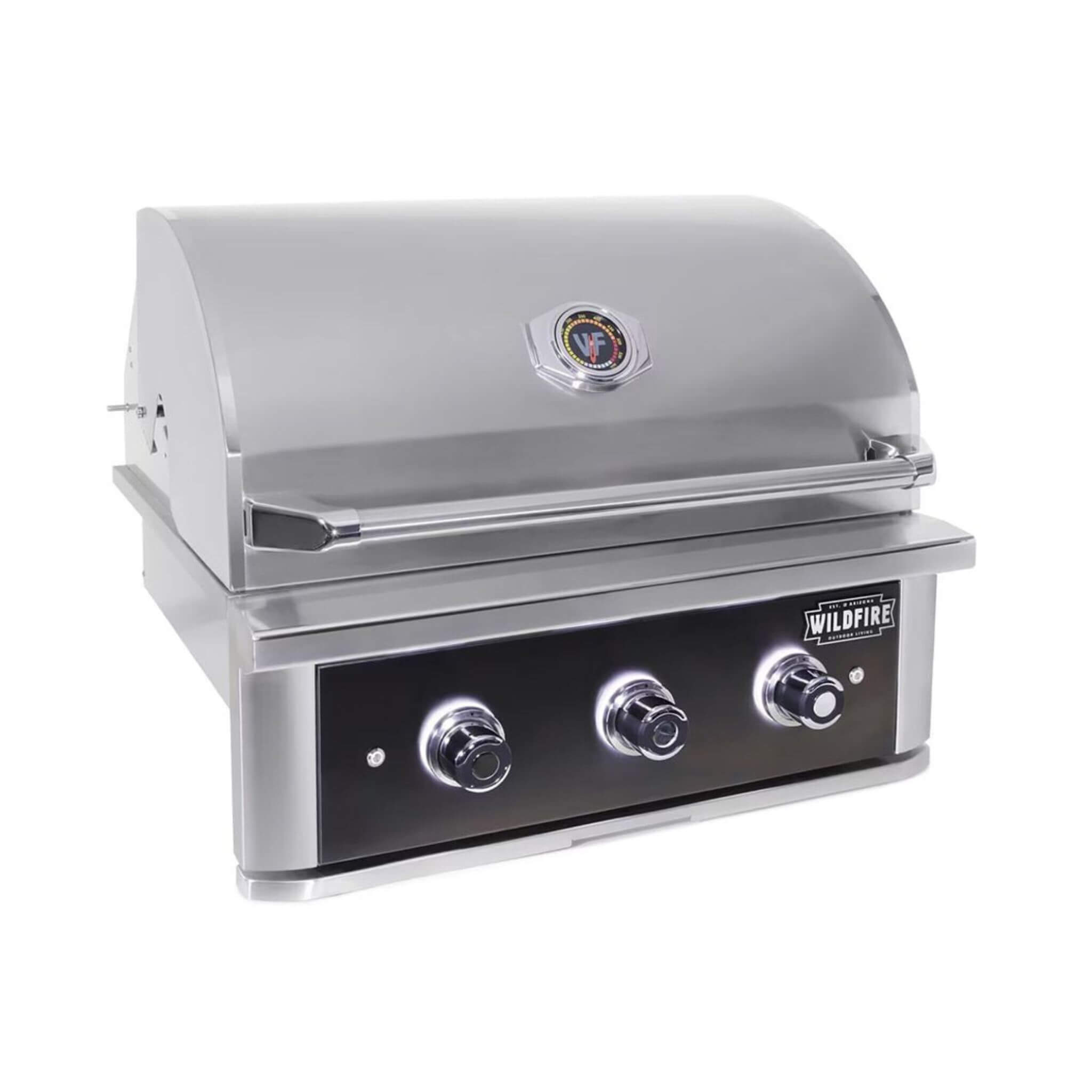 Side view of the Wildfire Ranch Pro 30-Inch stainless steel outdoor grill, showcasing its sleek design and sturdy construction.