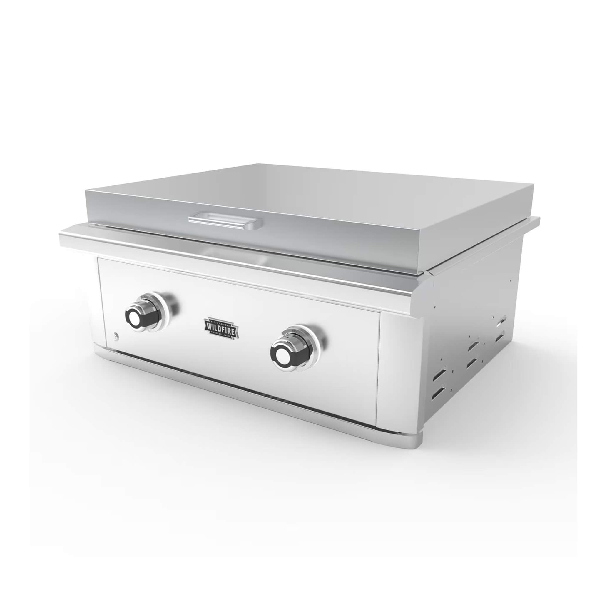 30-inch Wildfire Ranch Pro stainless steel griddle with propane setup, showing front-left view and sleek design.