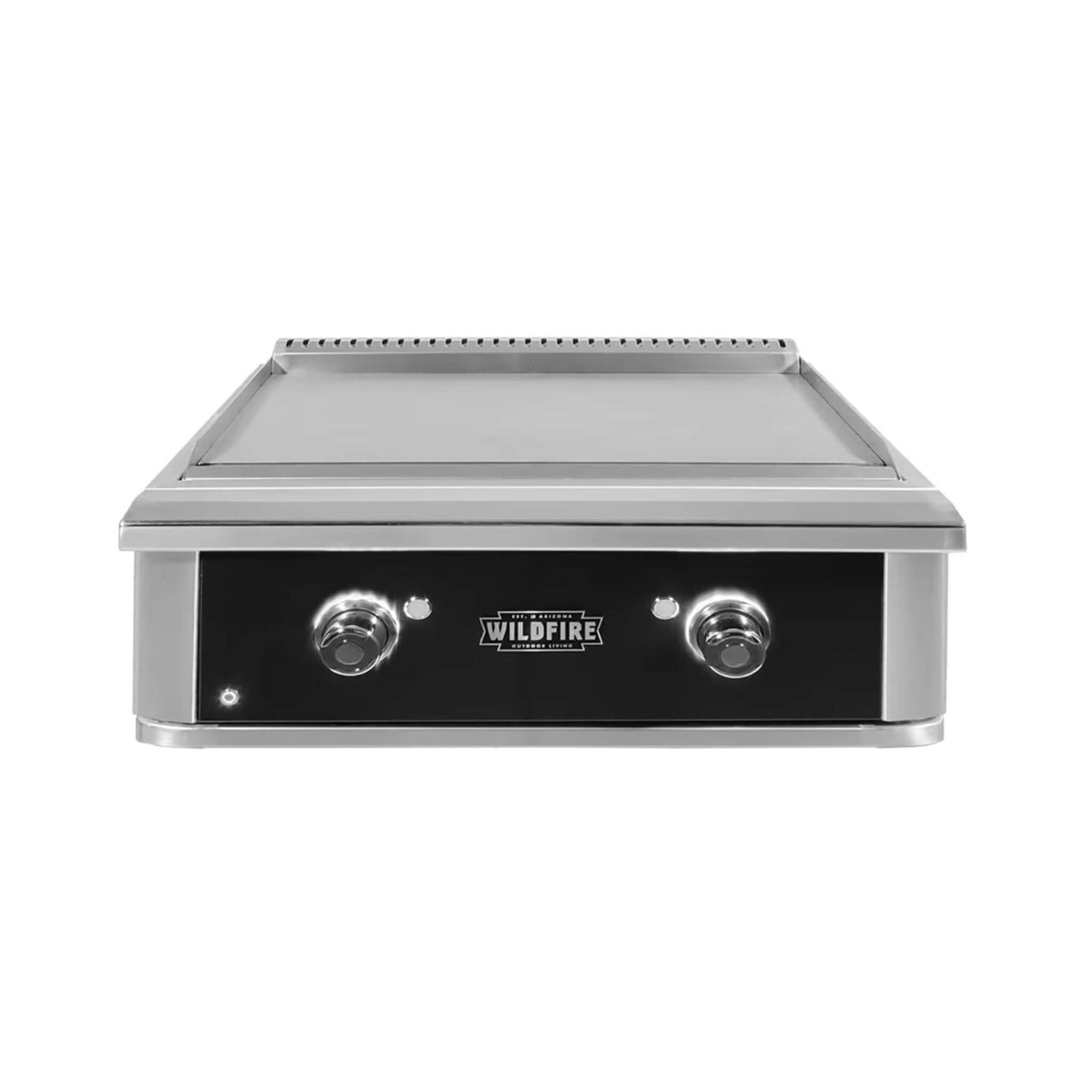 Front view of Wildfire Ranch Pro 30-Inch stainless steel griddle, ideal for outdoor grilling and cooking.