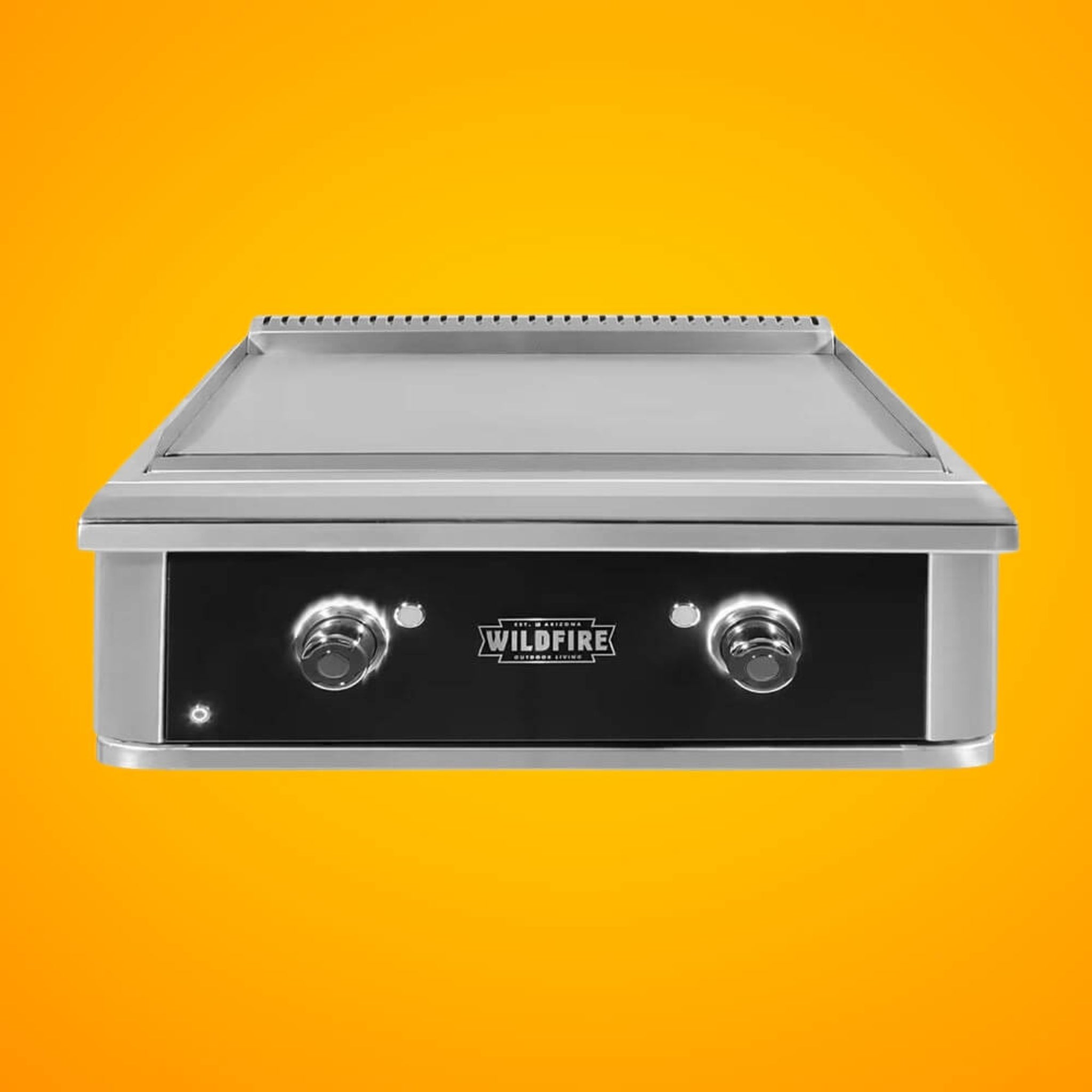 30-inch Wildfire Outdoor Living Ranch Pro griddle made of 304 stainless steel with propane setup for outdoor cooking.