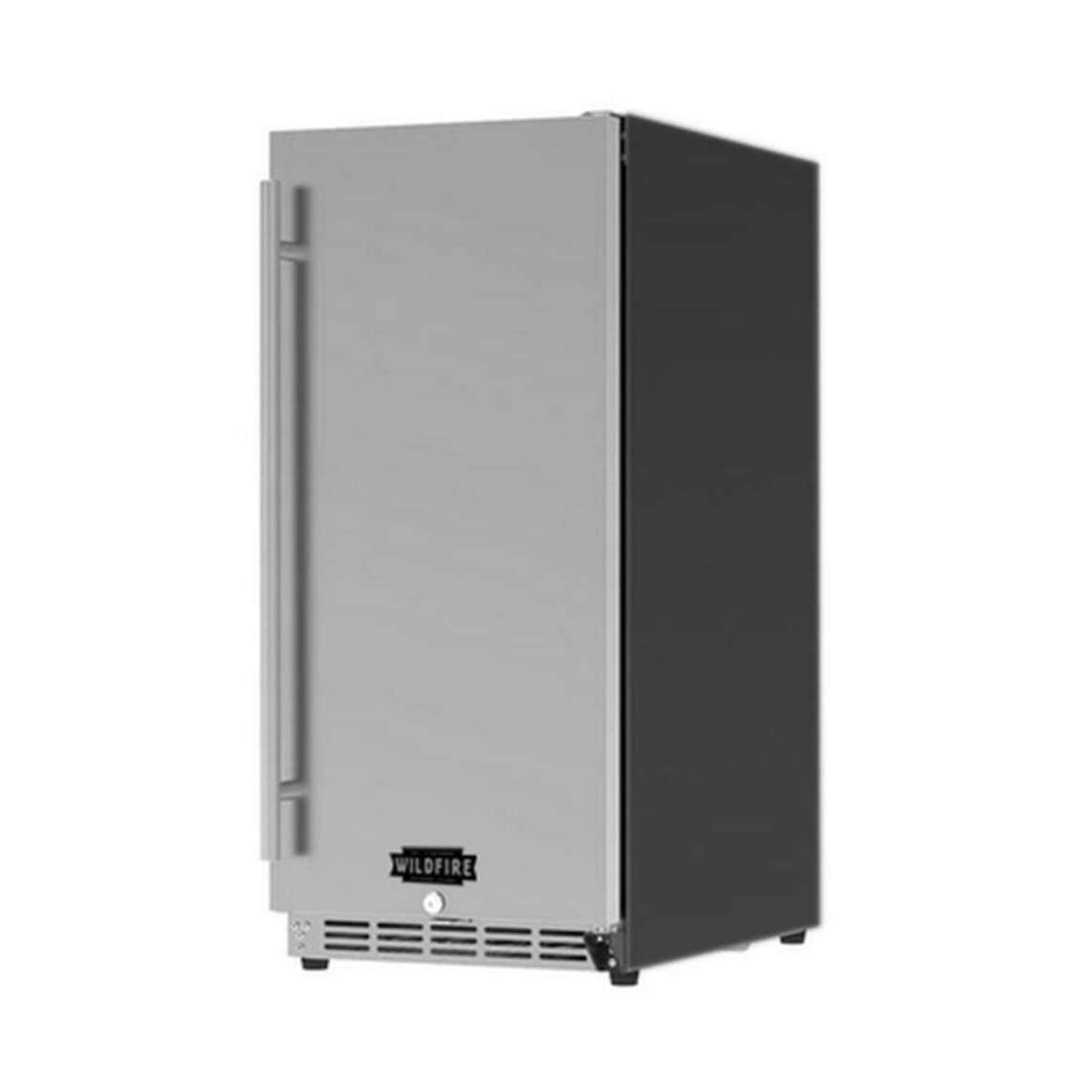 Stainless steel outdoor fridge by SAKSBY WHOLESALE with 5.3 cubic feet capacity, viewed from the left side.