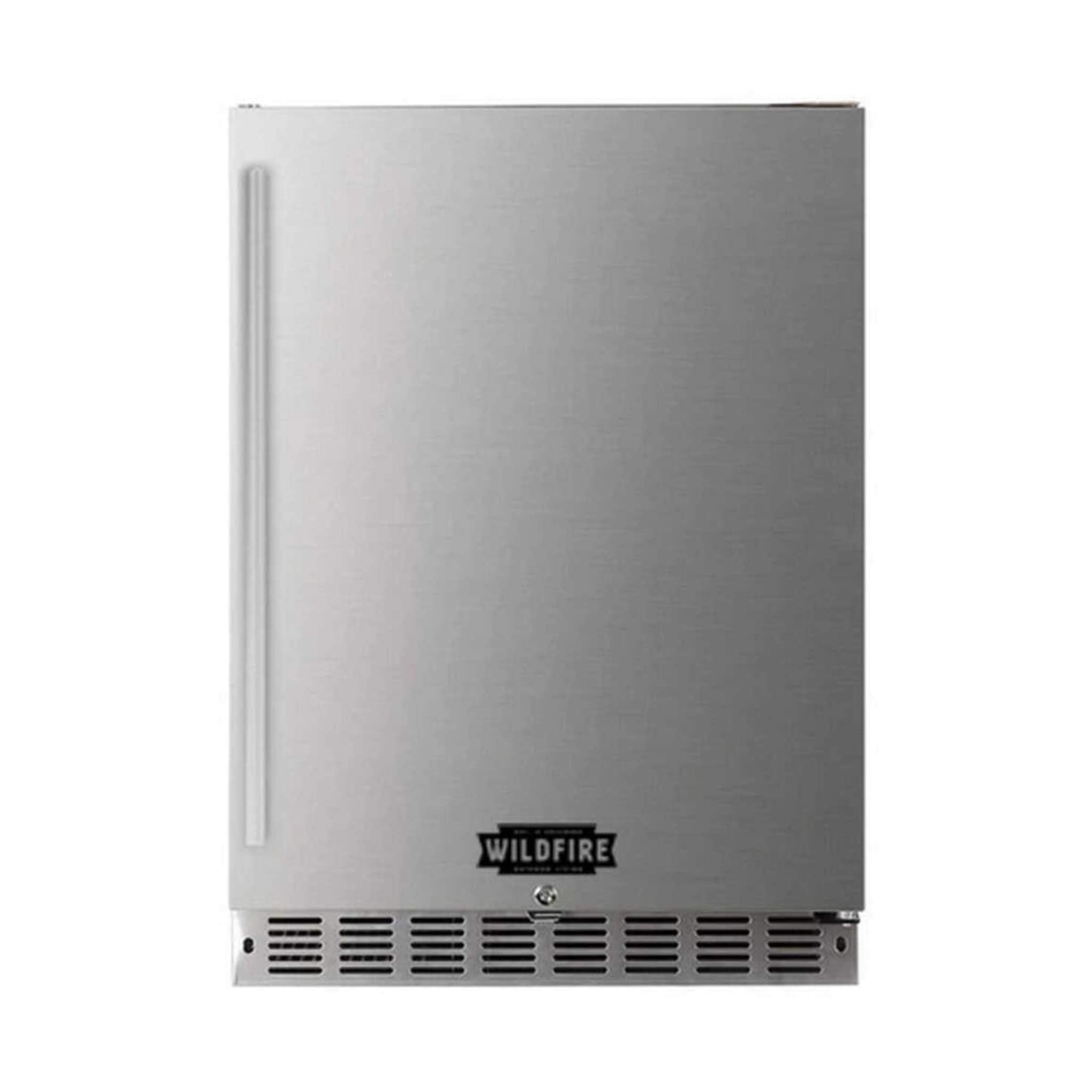 Wildfire stainless steel outdoor fridge with 5.3 cubic feet capacity, showcasing sleek design and front view.