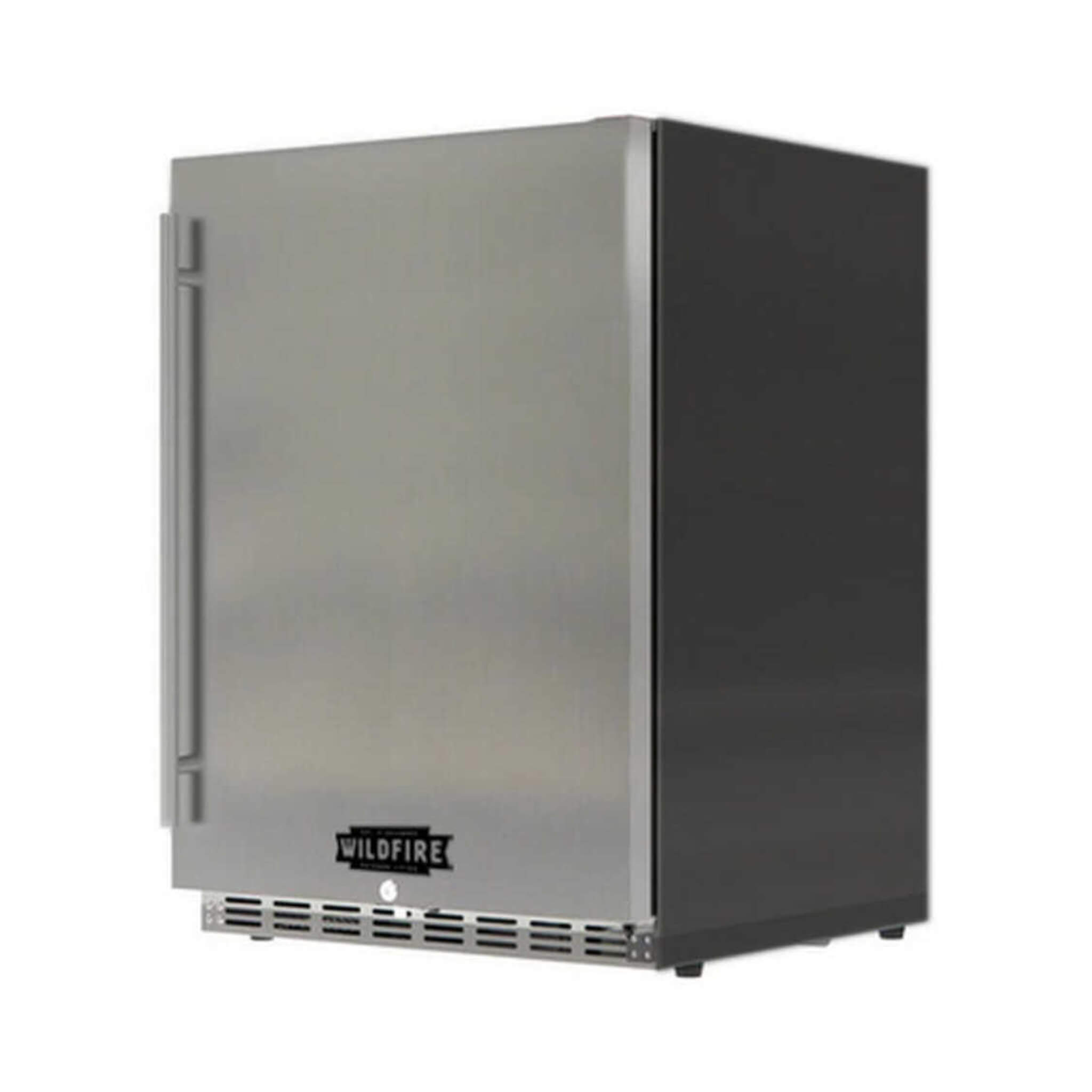 Wildfire stainless steel outdoor fridge with 5.3 cubic feet capacity, showcased from the left side view.