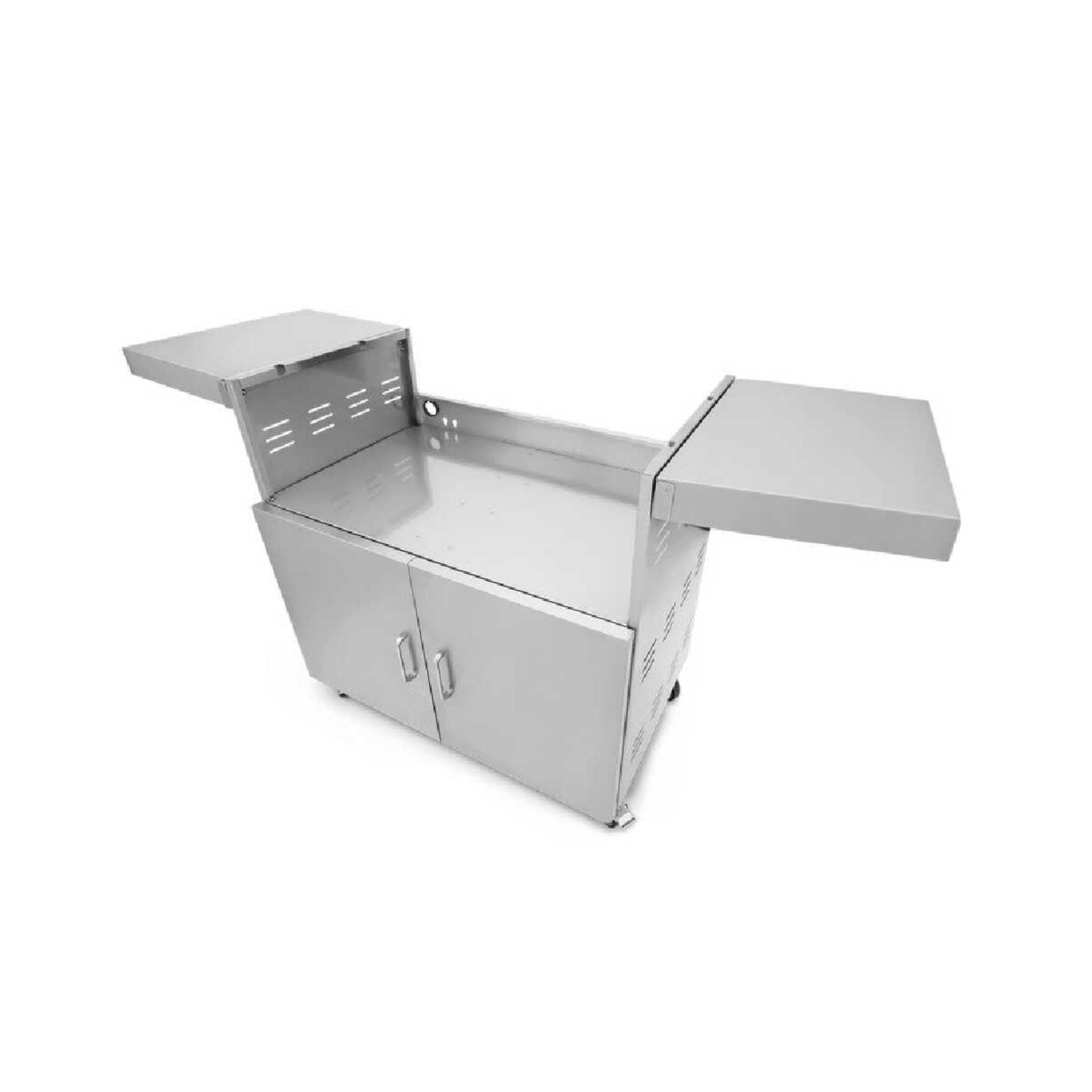 Left view of SAKSBY WHOLESALE stainless steel outdoor grill cart with propane tank slide-out door.