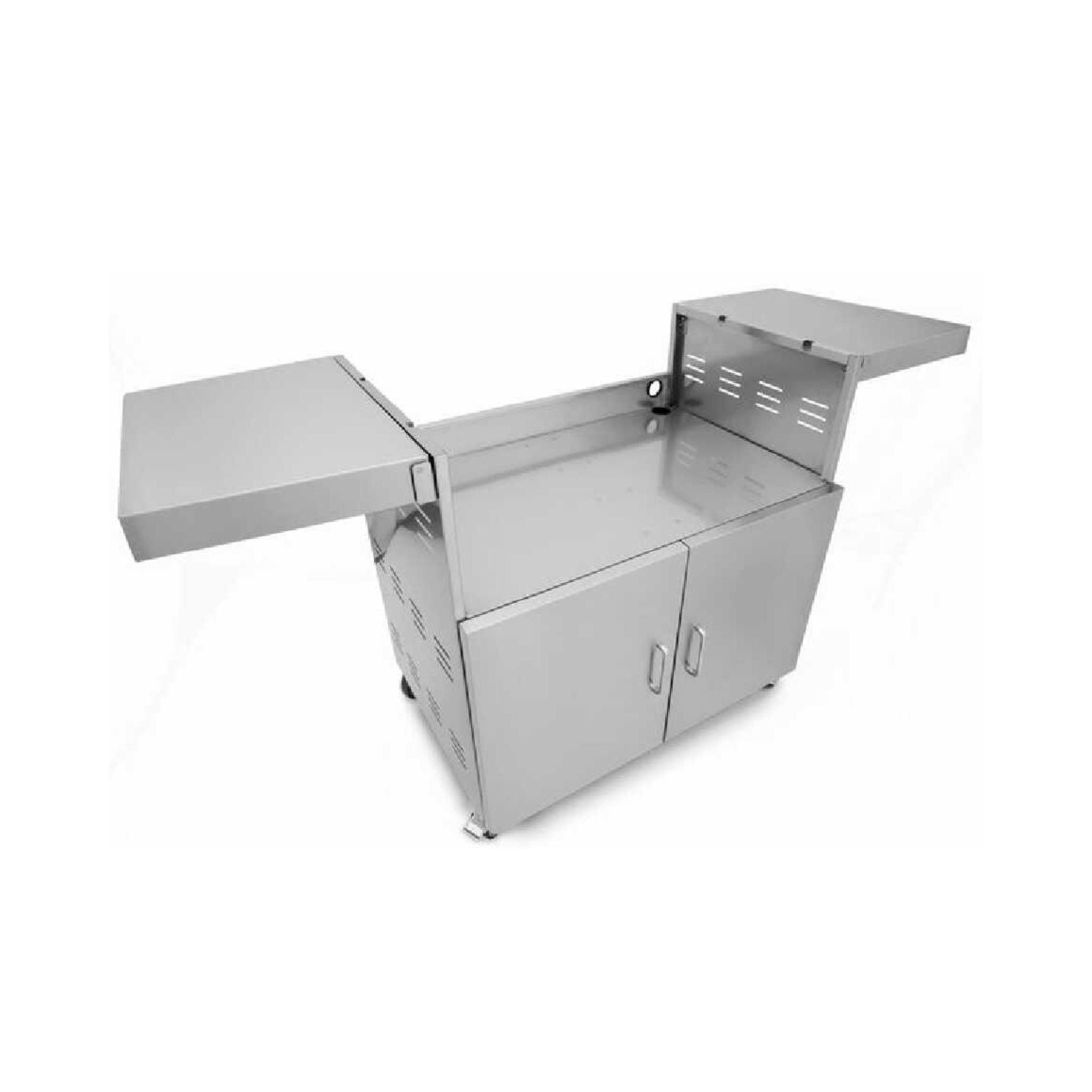 Stainless steel outdoor grill cart by SAKSBY WHOLESALE with slide-out door for propane tank, viewed from the right.