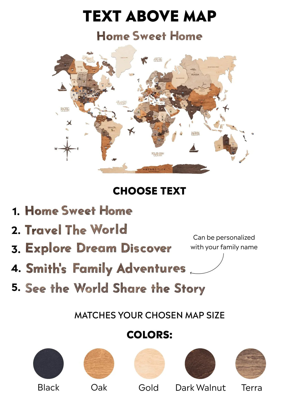 Wooden map quote sign with gold finish from Enjoy The Wood, featuring engraved map quote design on polished wood surface.