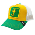 Peter Grimm Peanuts Woodstock yellow trucker cap with mesh back, featuring a colorful Woodstock design on the front.